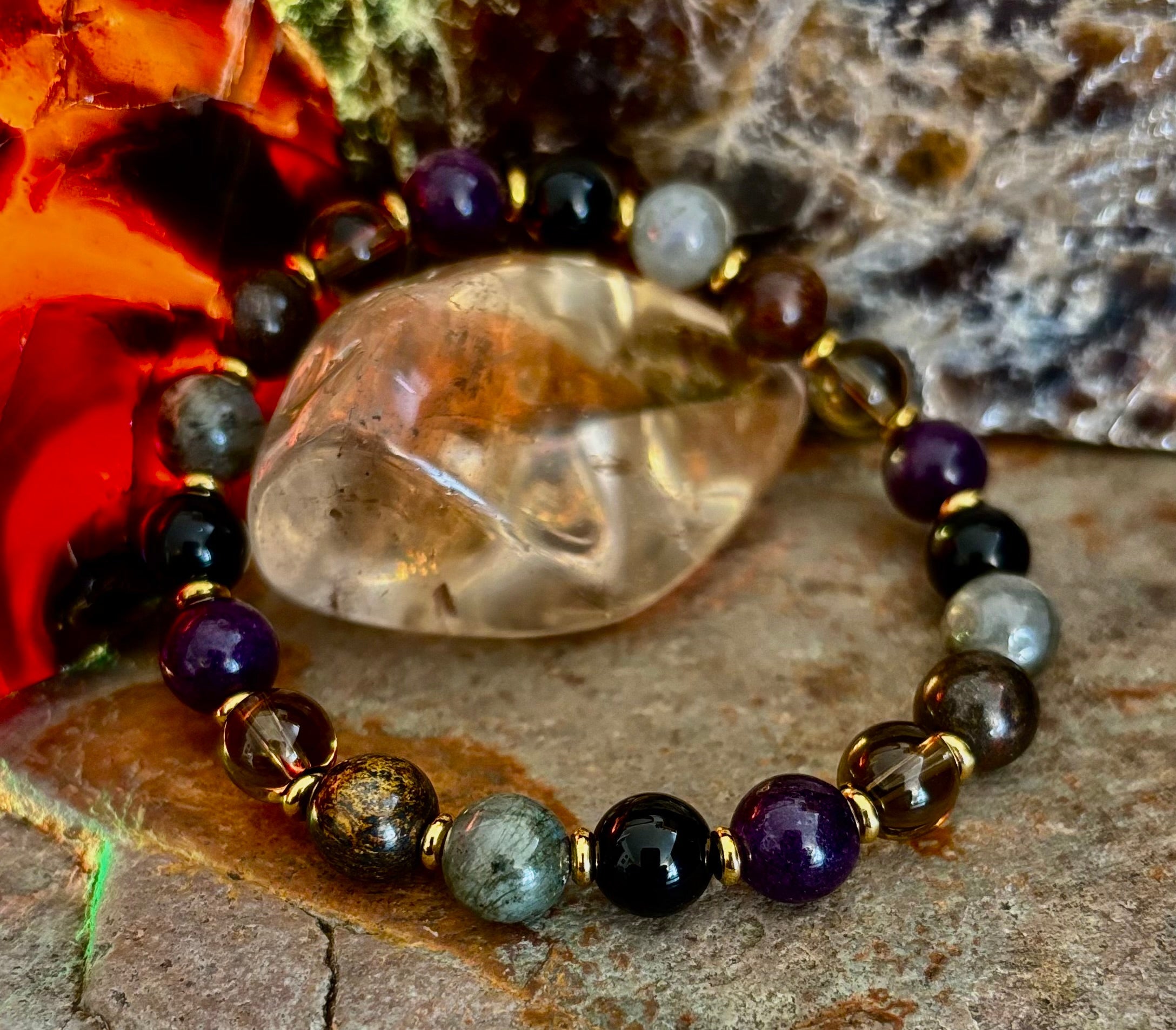 Mystic Energy - Labradorite, Amethyst, Smoky Quartz, Black Onyx & Tiger’s Eye Reiki-Infused Protection & Balance Bracelet