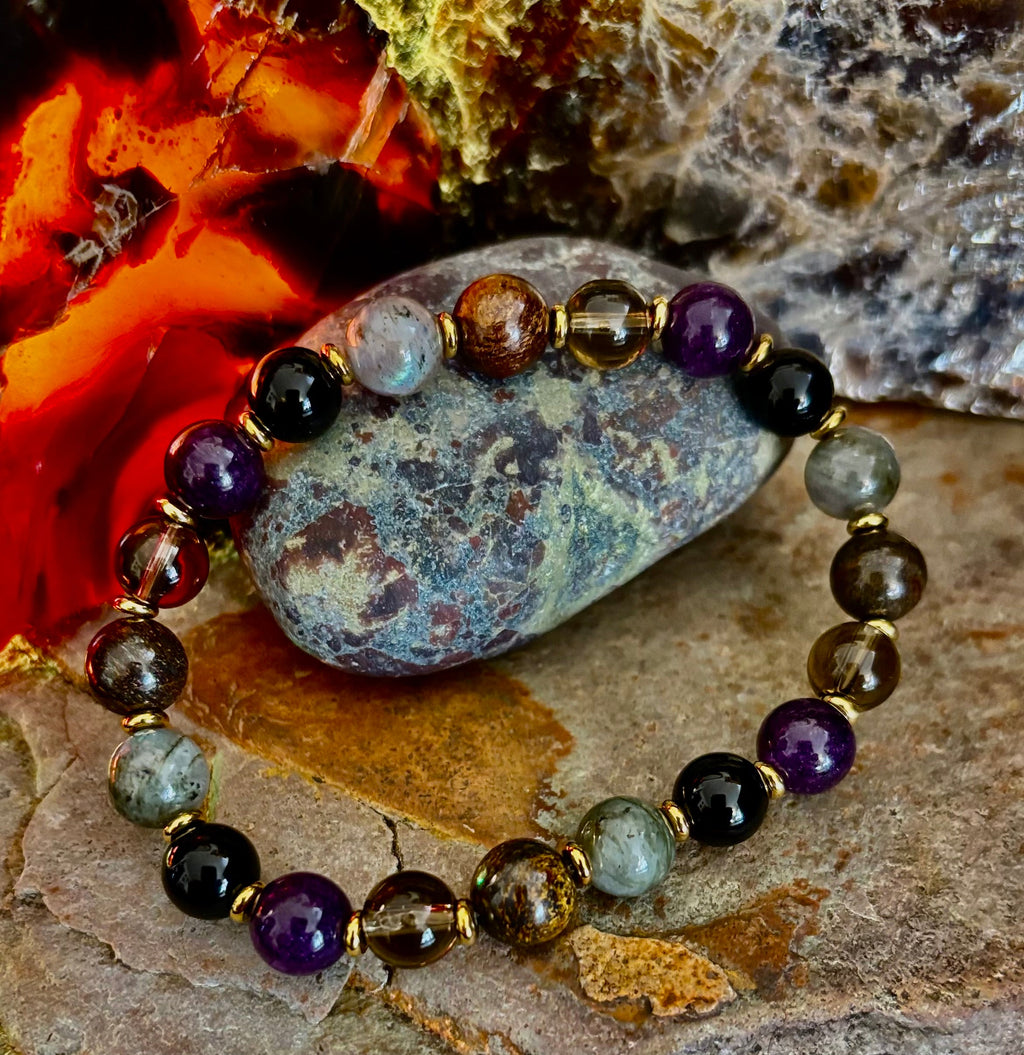 Mystic Energy - Labradorite, Amethyst, Smoky Quartz, Black Onyx & Tiger’s Eye Reiki-Infused Protection & Balance Bracelet