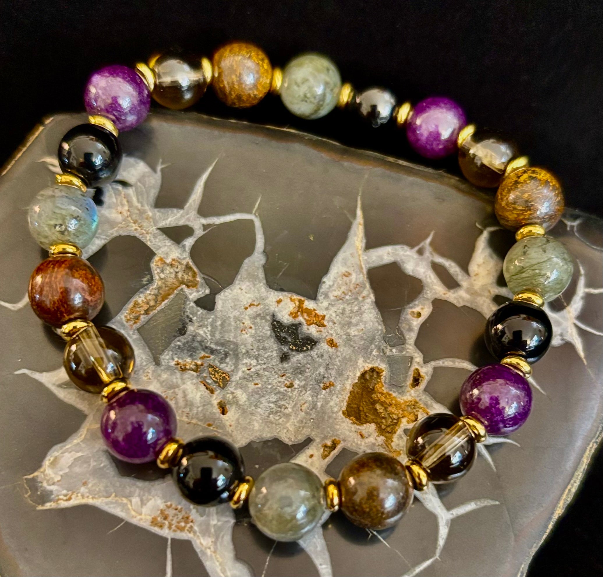 Mystic Energy - Labradorite, Amethyst, Smoky Quartz, Black Onyx & Tiger’s Eye Reiki-Infused Protection & Balance Bracelet