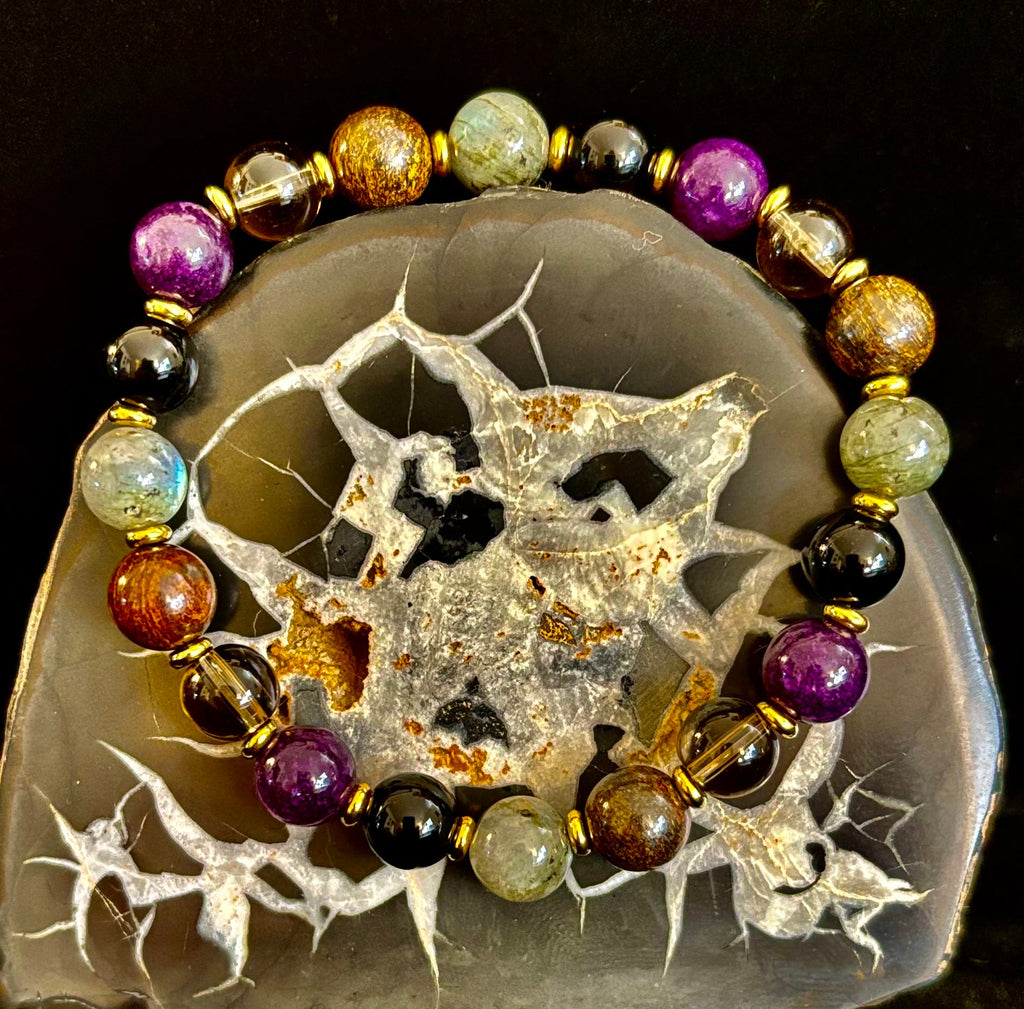 Mystic Energy - Labradorite, Amethyst, Smoky Quartz, Black Onyx & Tiger’s Eye Reiki-Infused Protection & Balance Bracelet