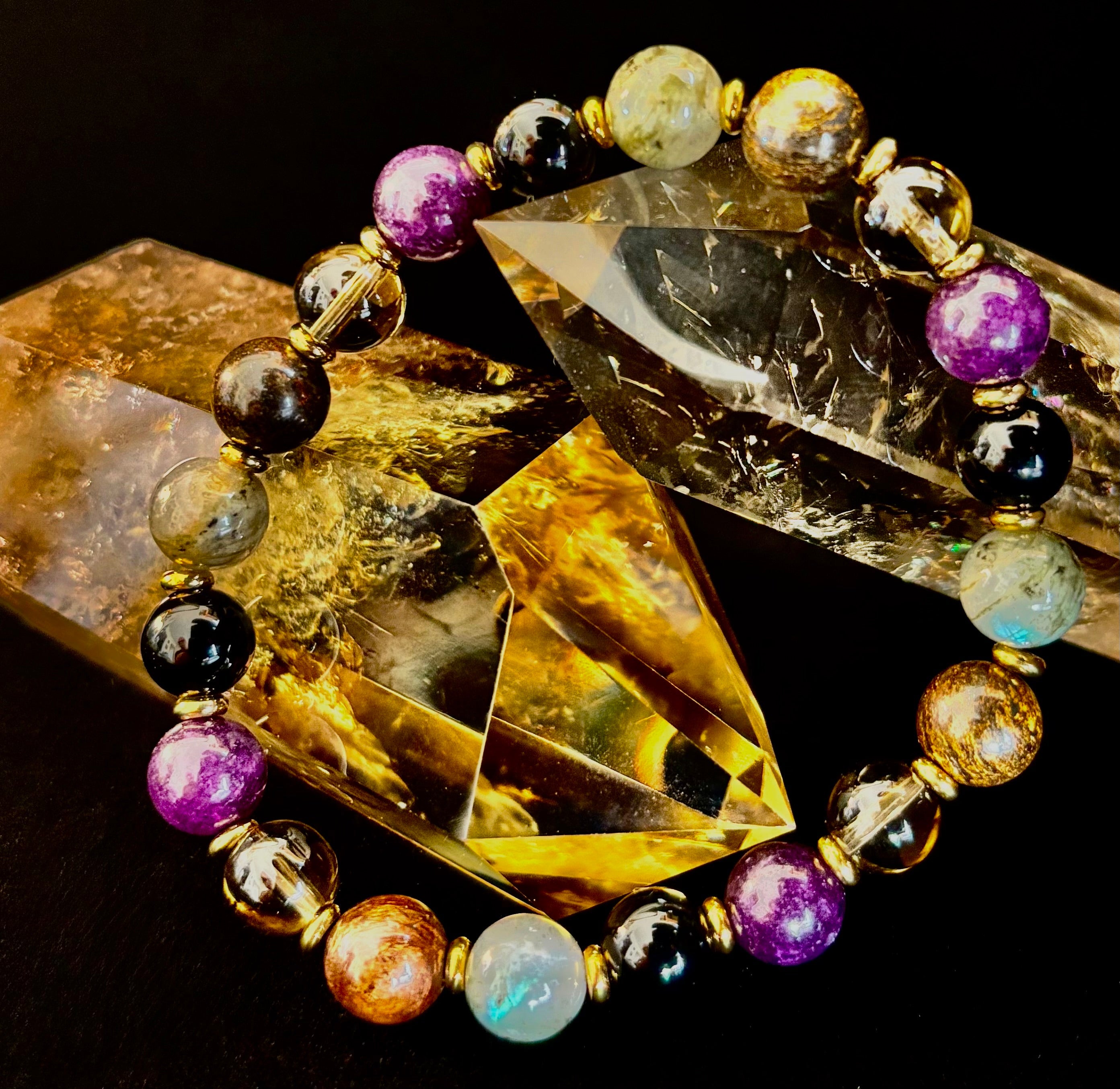 Mystic Energy - Labradorite, Amethyst, Smoky Quartz, Black Onyx & Tiger’s Eye Reiki-Infused Protection & Balance Bracelet