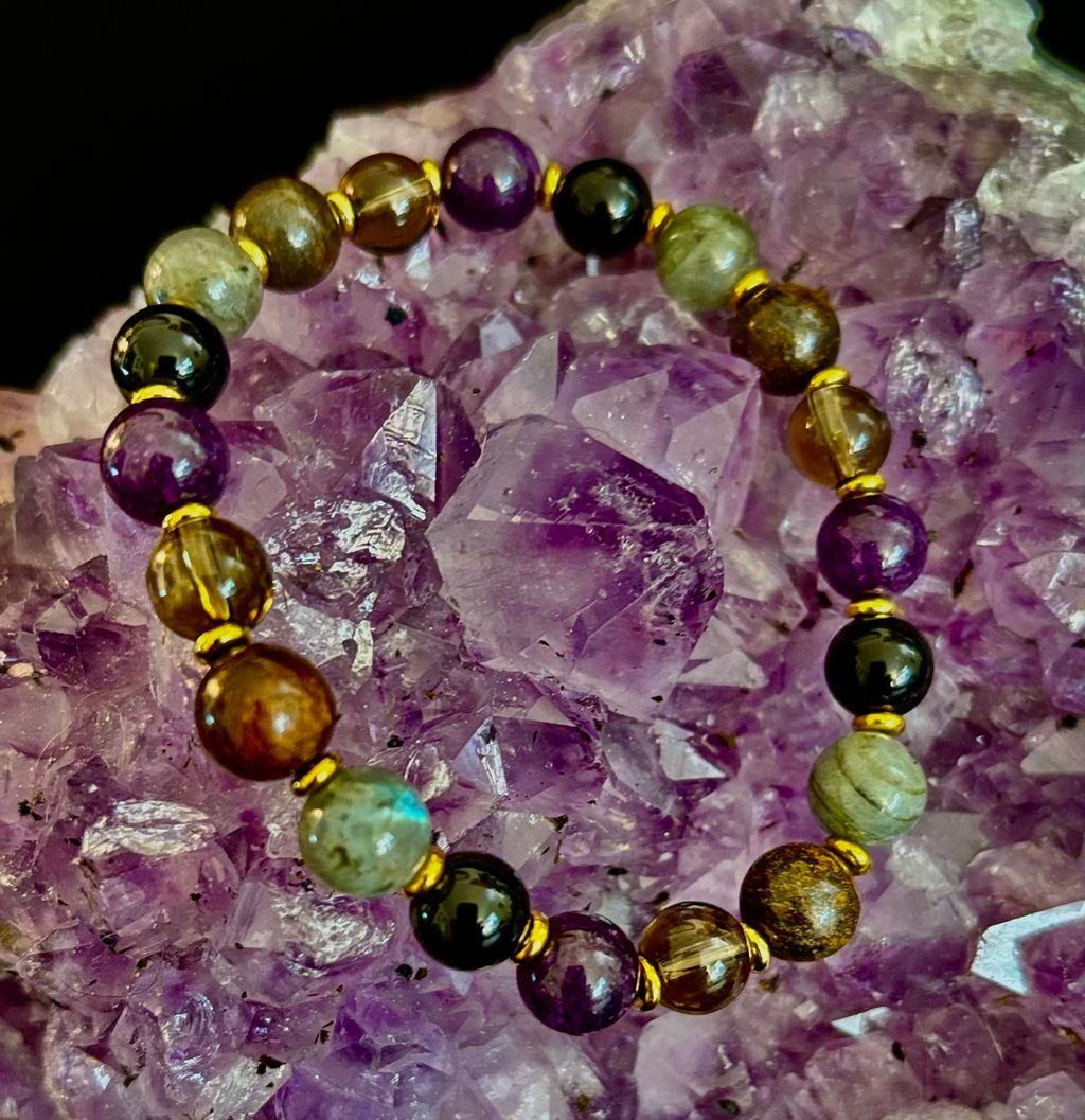 Mystic Energy - Labradorite, Amethyst, Smoky Quartz, Black Onyx & Tiger’s Eye Reiki-Infused Protection & Balance Bracelet