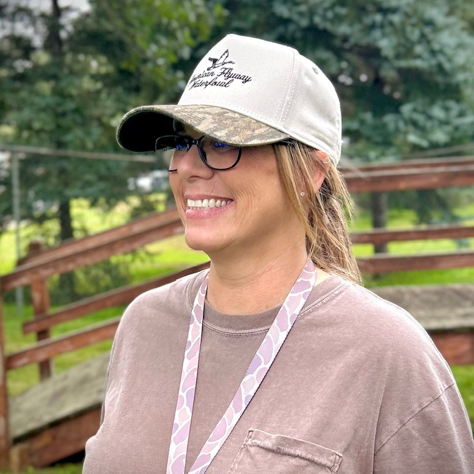 Trucker Hat with Bottomland Camo Brim and Neutral Beige Front