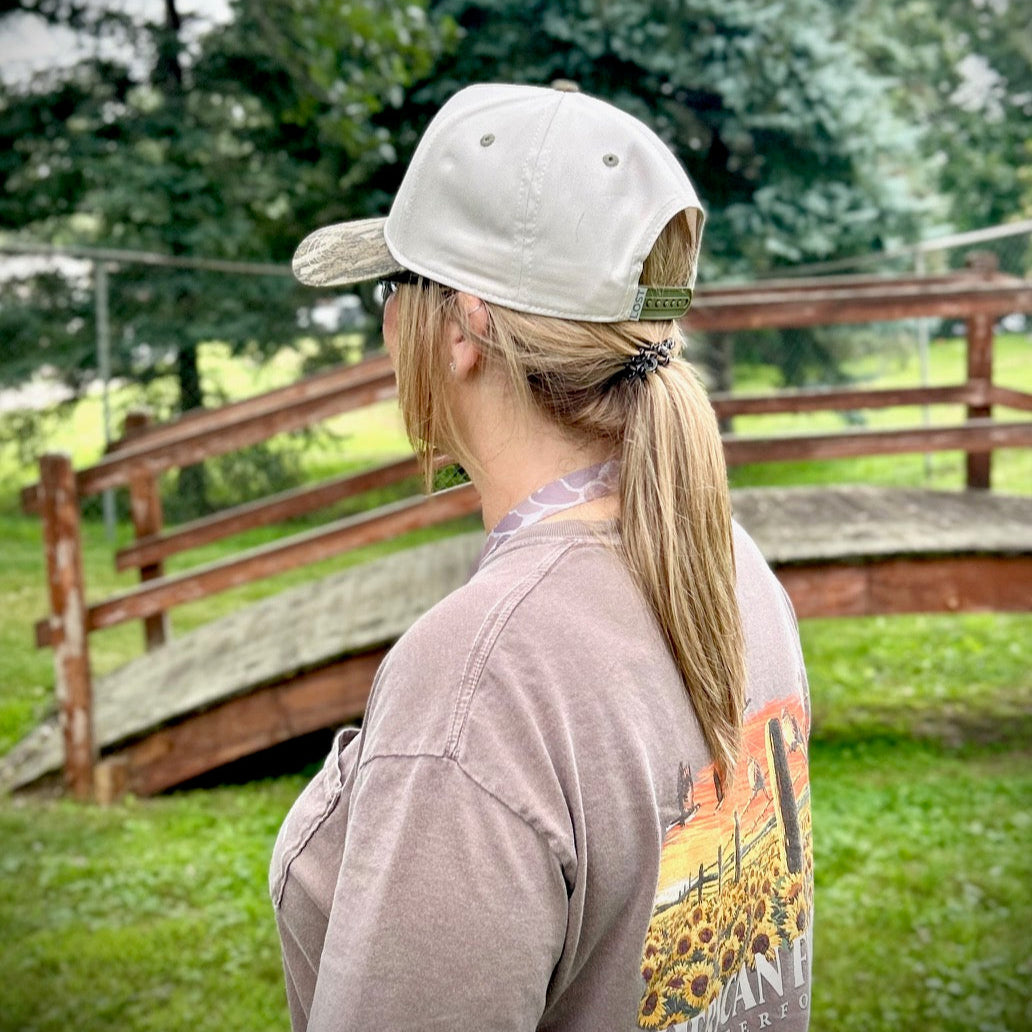 Trucker Hat with Bottomland Camo Brim and Neutral Beige Front