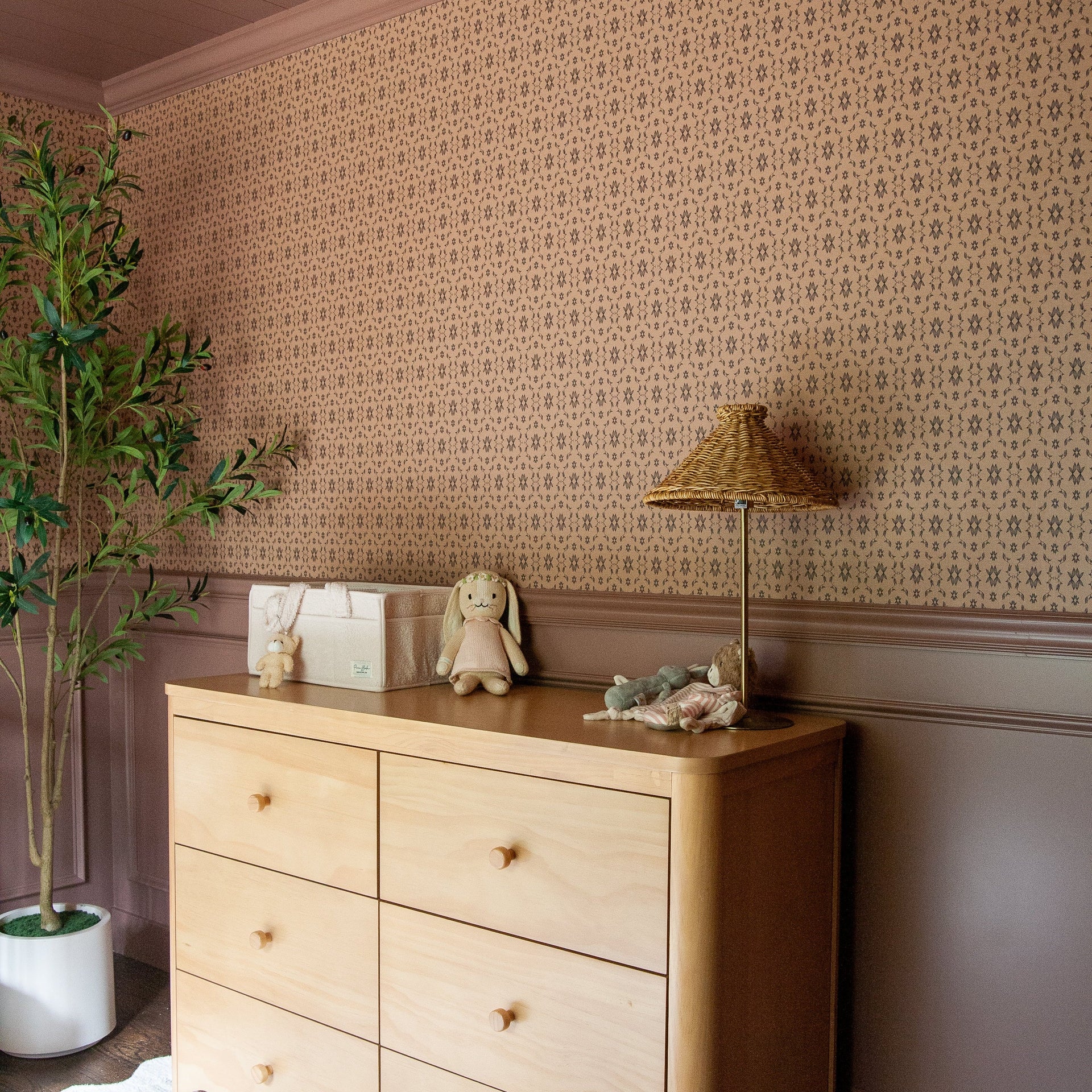 Zara tan and brown geometric patterned wallpaper with a bohemian style