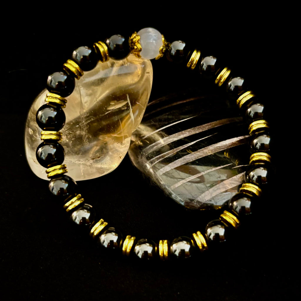 Divine Balance Bracelet – Selenite & Black Obsidian with Gold Accents