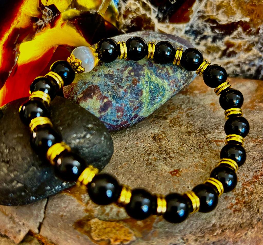 Divine Balance Bracelet – Selenite & Black Obsidian with Gold Accents
