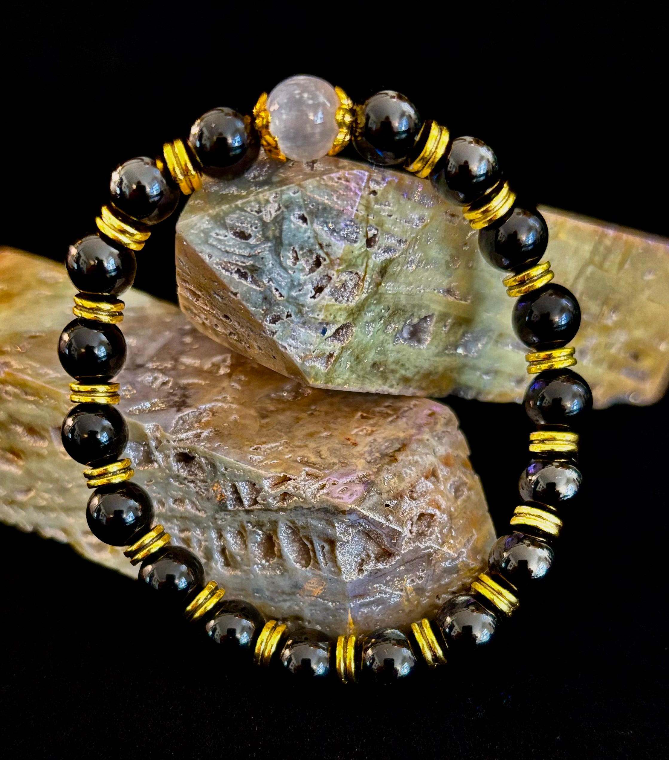 Divine Balance Bracelet – Selenite & Black Obsidian with Gold Accents