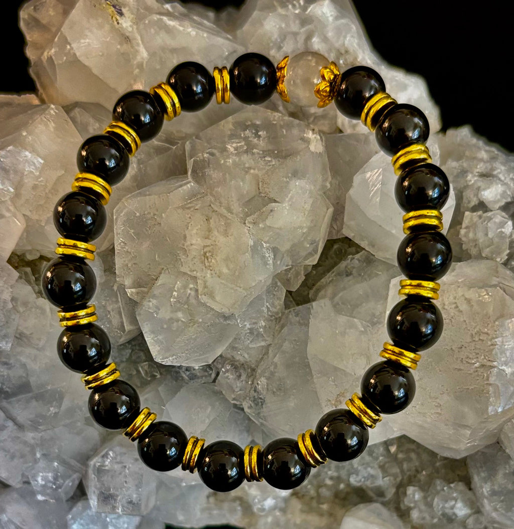 Divine Balance Bracelet – Selenite & Black Obsidian with Gold Accents