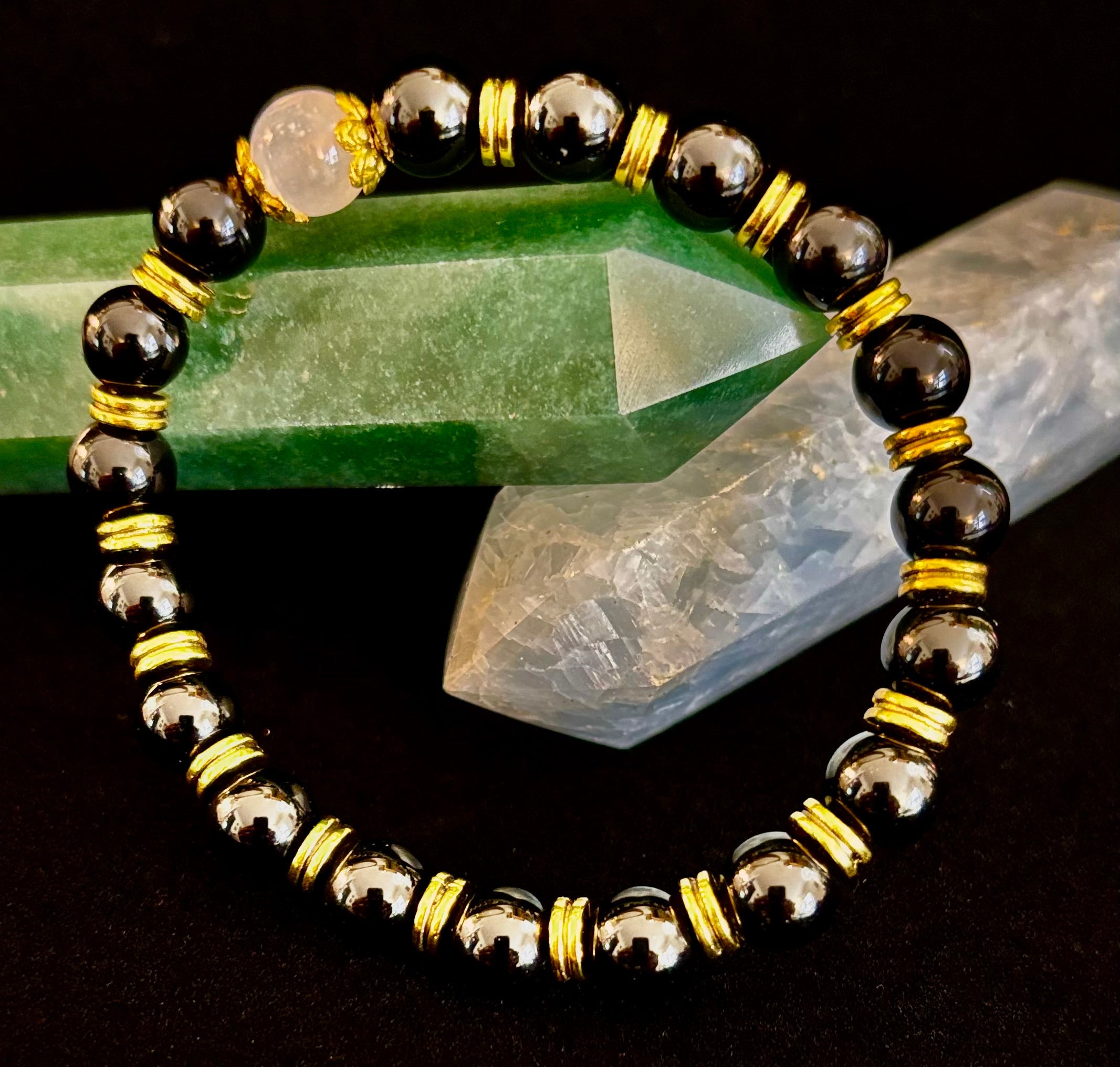 Divine Balance Bracelet – Selenite & Black Obsidian with Gold Accents