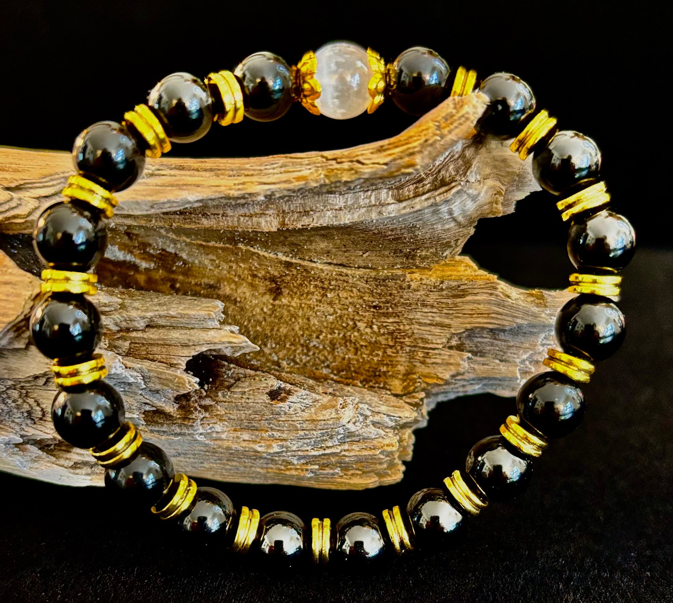 Divine Balance Bracelet – Selenite & Black Obsidian with Gold Accents