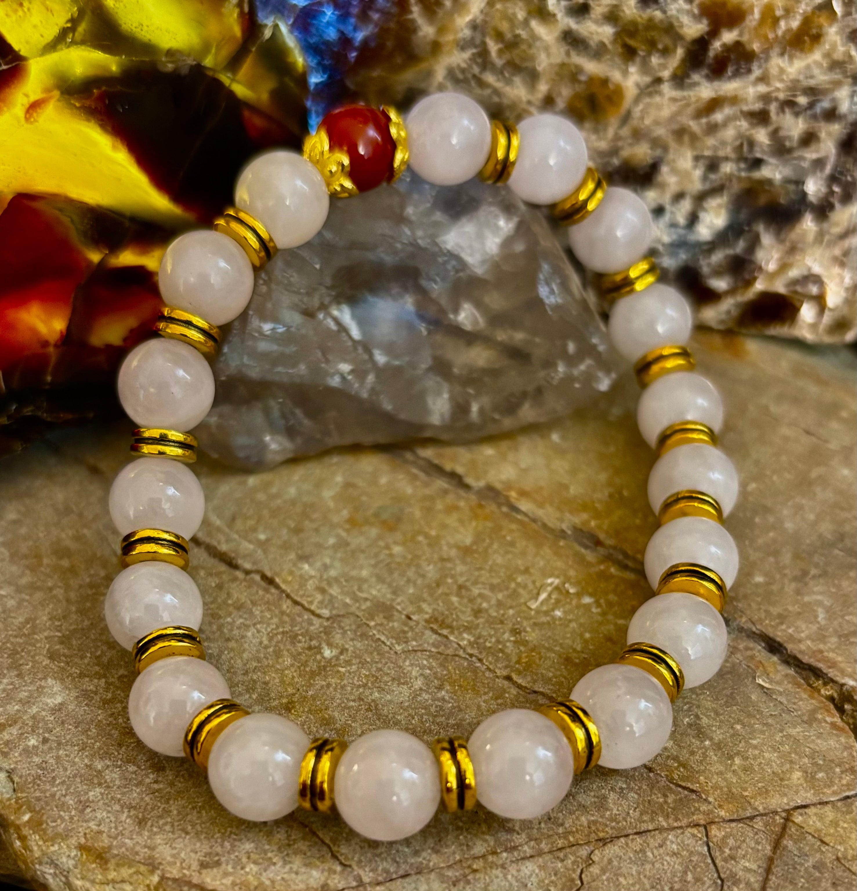 Love Surrounds You Bracelet – Rose Quartz & Banded Carnelian with Gold Accents