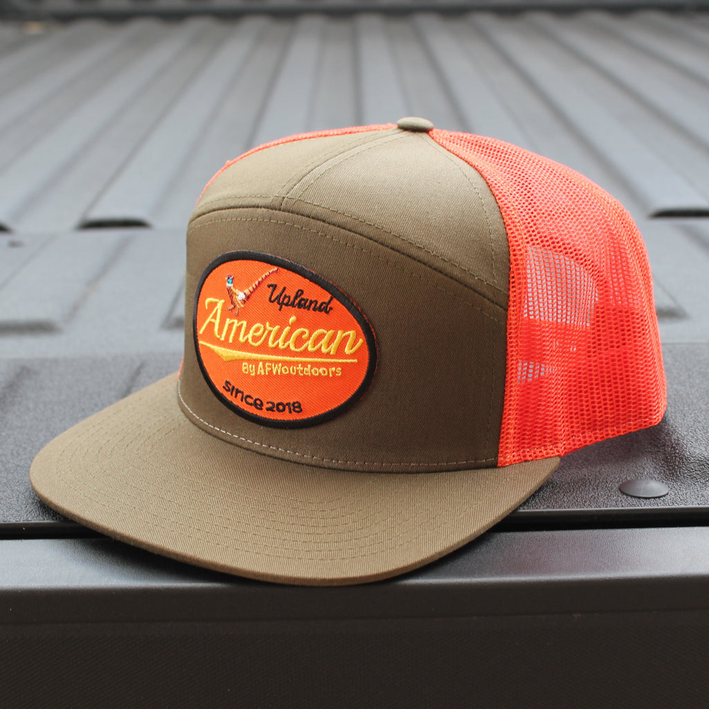 Upland 7-Panel Trucker Hat - Olive Green and Bright Orange