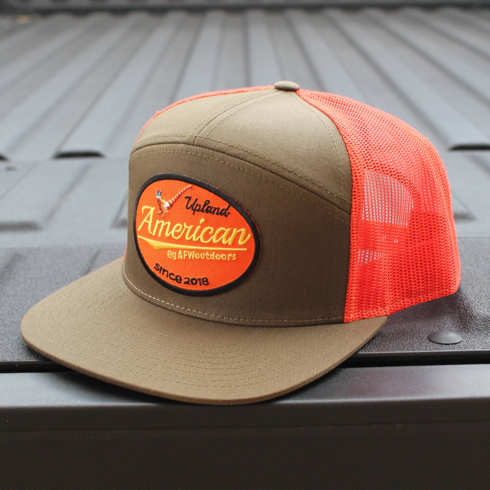Upland 7-Panel Trucker Hat - Olive Green and Bright Orange