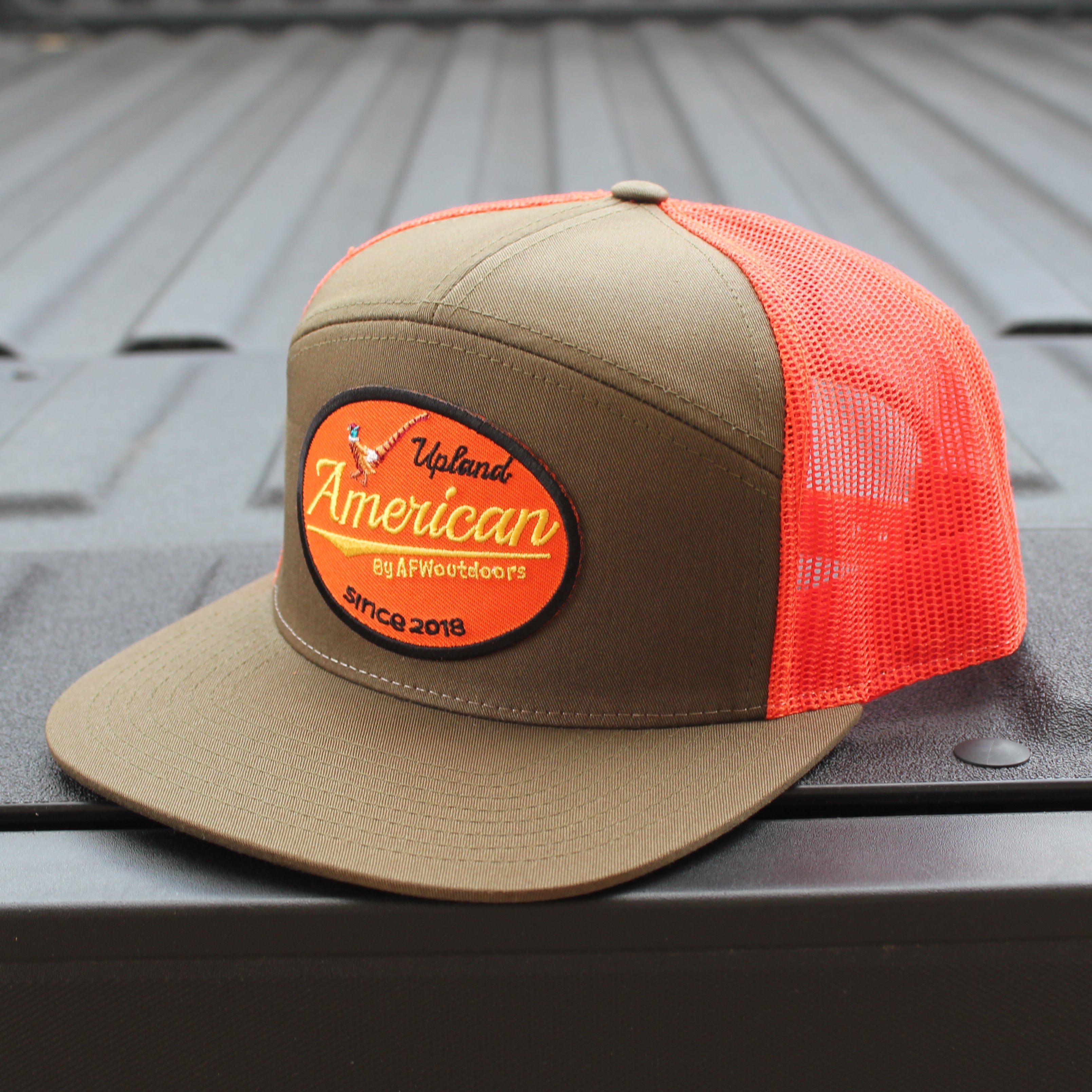 Upland 7-Panel Trucker Hat - Olive Green and Bright Orange