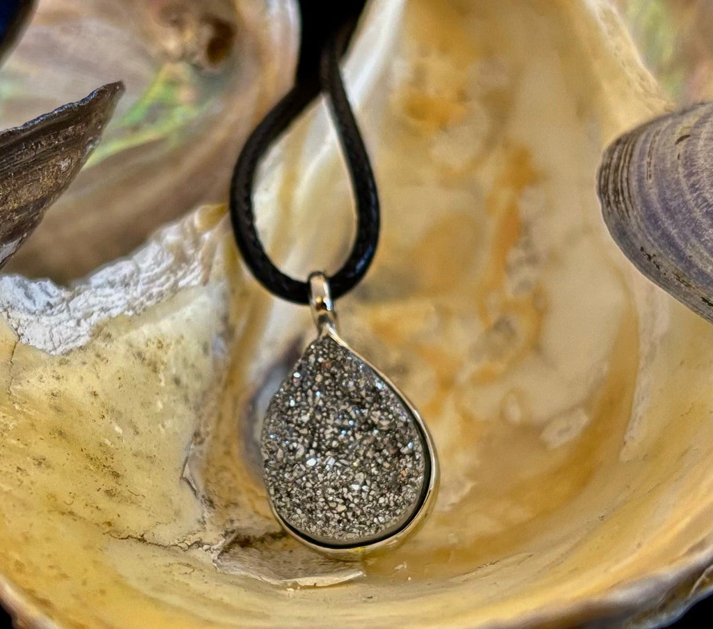 Silver Druzy Teardrop Pendant Necklace | Petite 18mm Pear-Shape Charm on 23” Cord