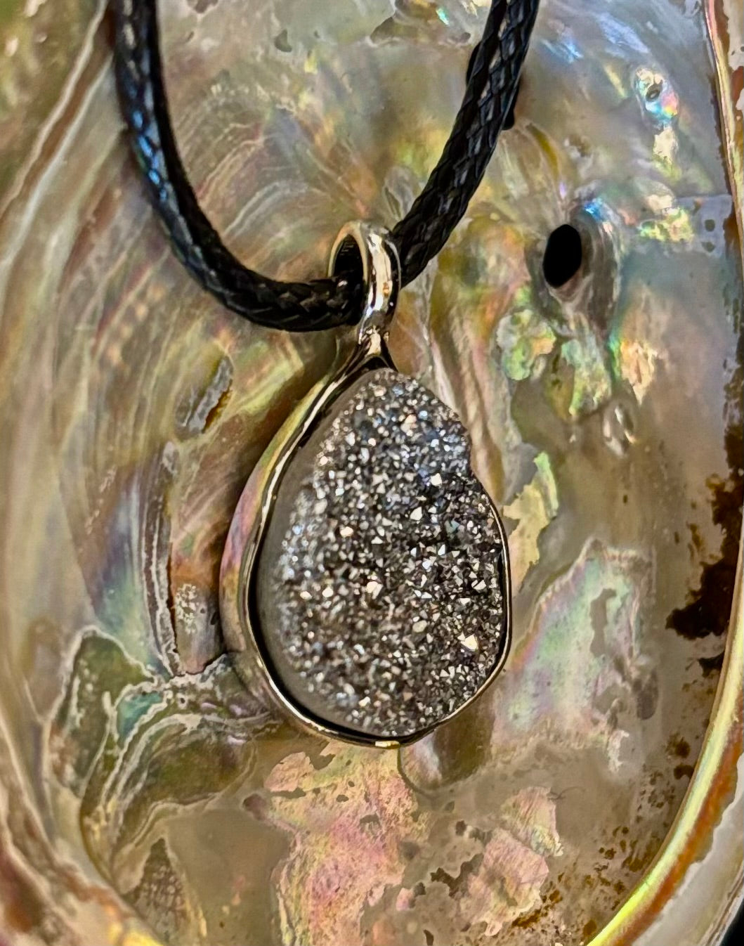 Silver Druzy Teardrop Pendant Necklace | Petite 18mm Pear-Shape Charm on 23” Cord