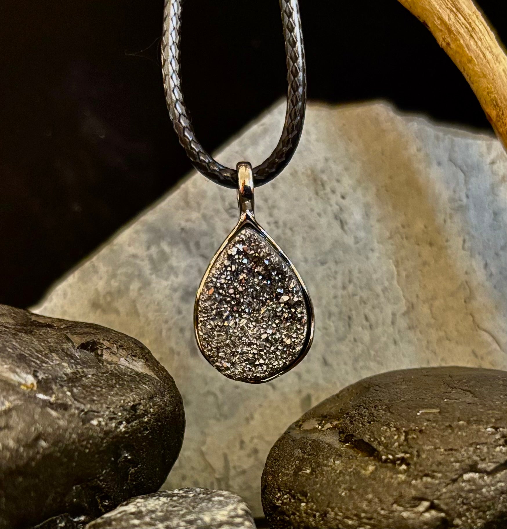 Silver Druzy Teardrop Pendant Necklace | Petite 18mm Pear-Shape Charm on 23” Cord