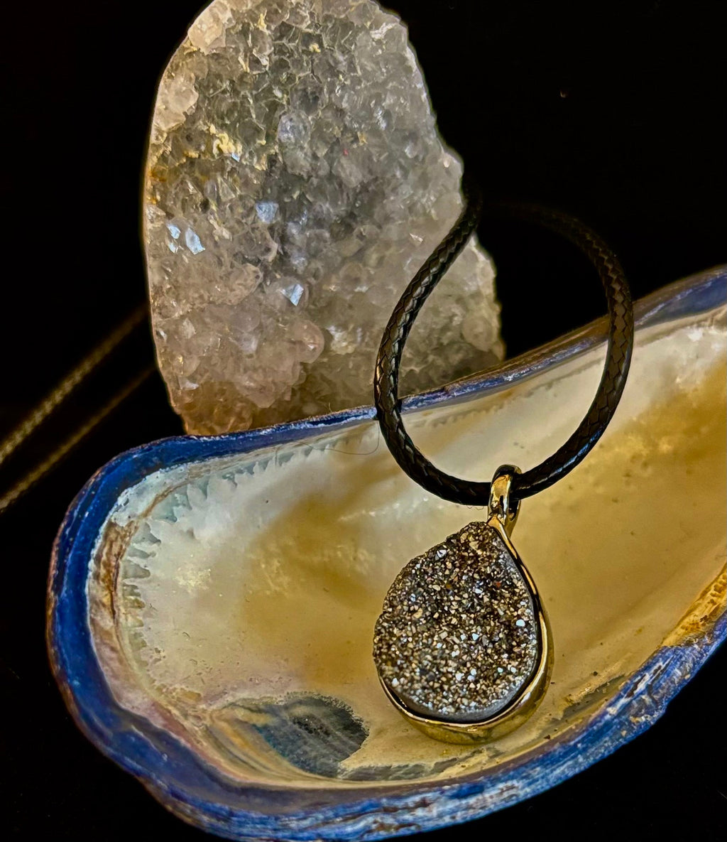 Silver Druzy Teardrop Pendant Necklace | Petite 18mm Pear-Shape Charm on 23” Cord