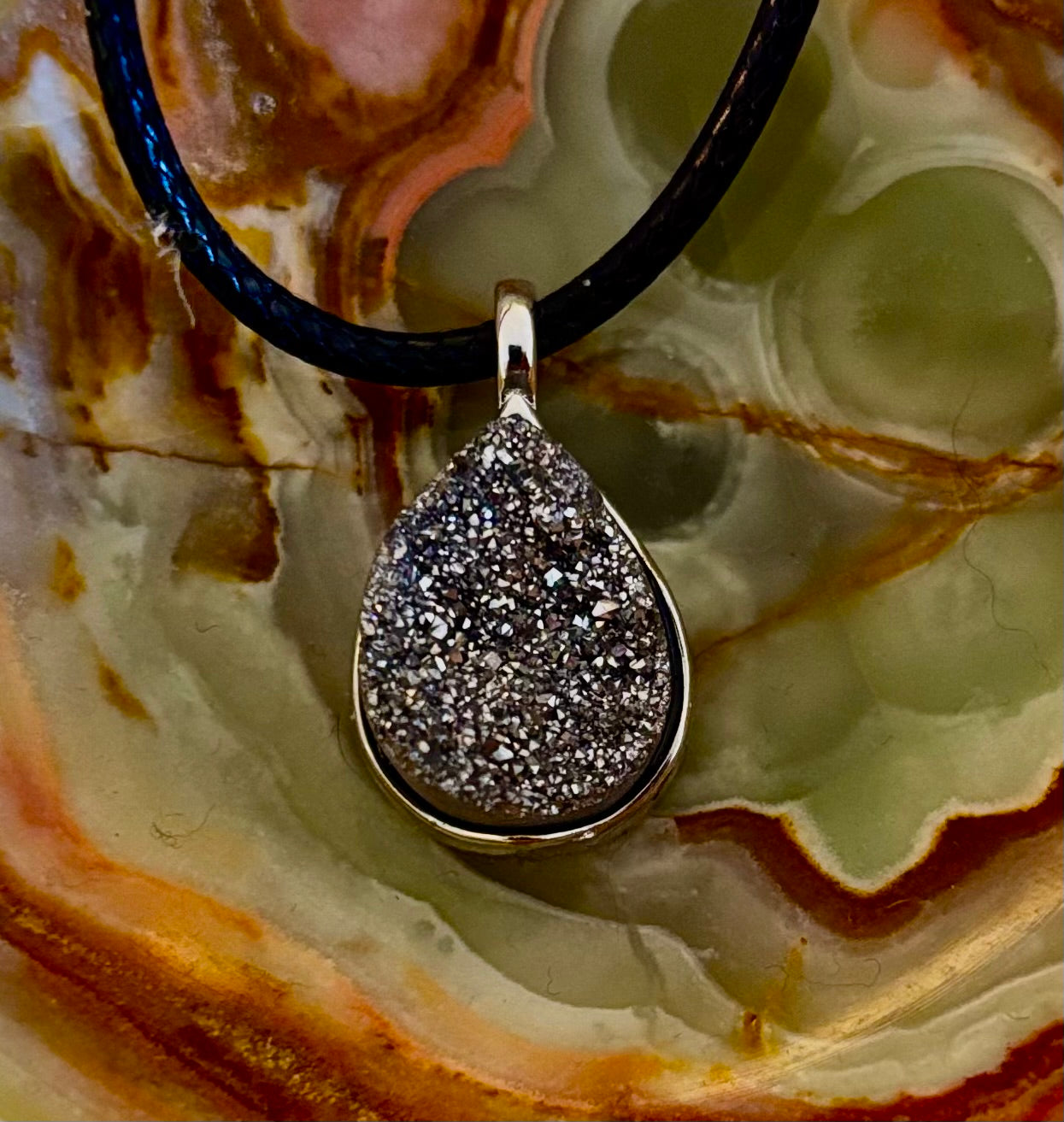 Silver Druzy Teardrop Pendant Necklace | Petite 18mm Pear-Shape Charm on 23” Cord