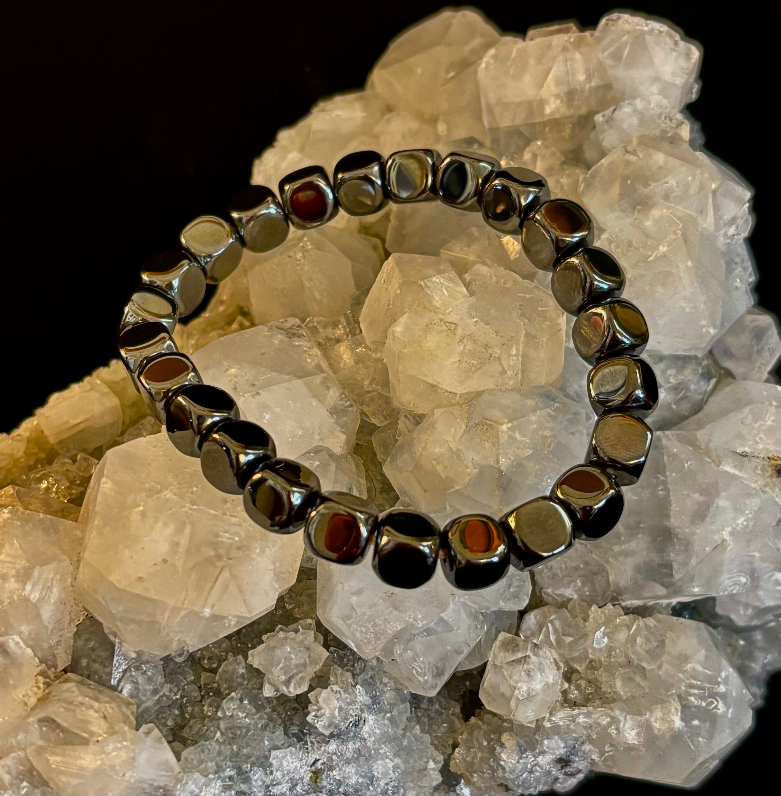 Hematite Cube Beaded Bracelet | Grounding Energy & Balance | Unisex 7.8mm Stretch Fit