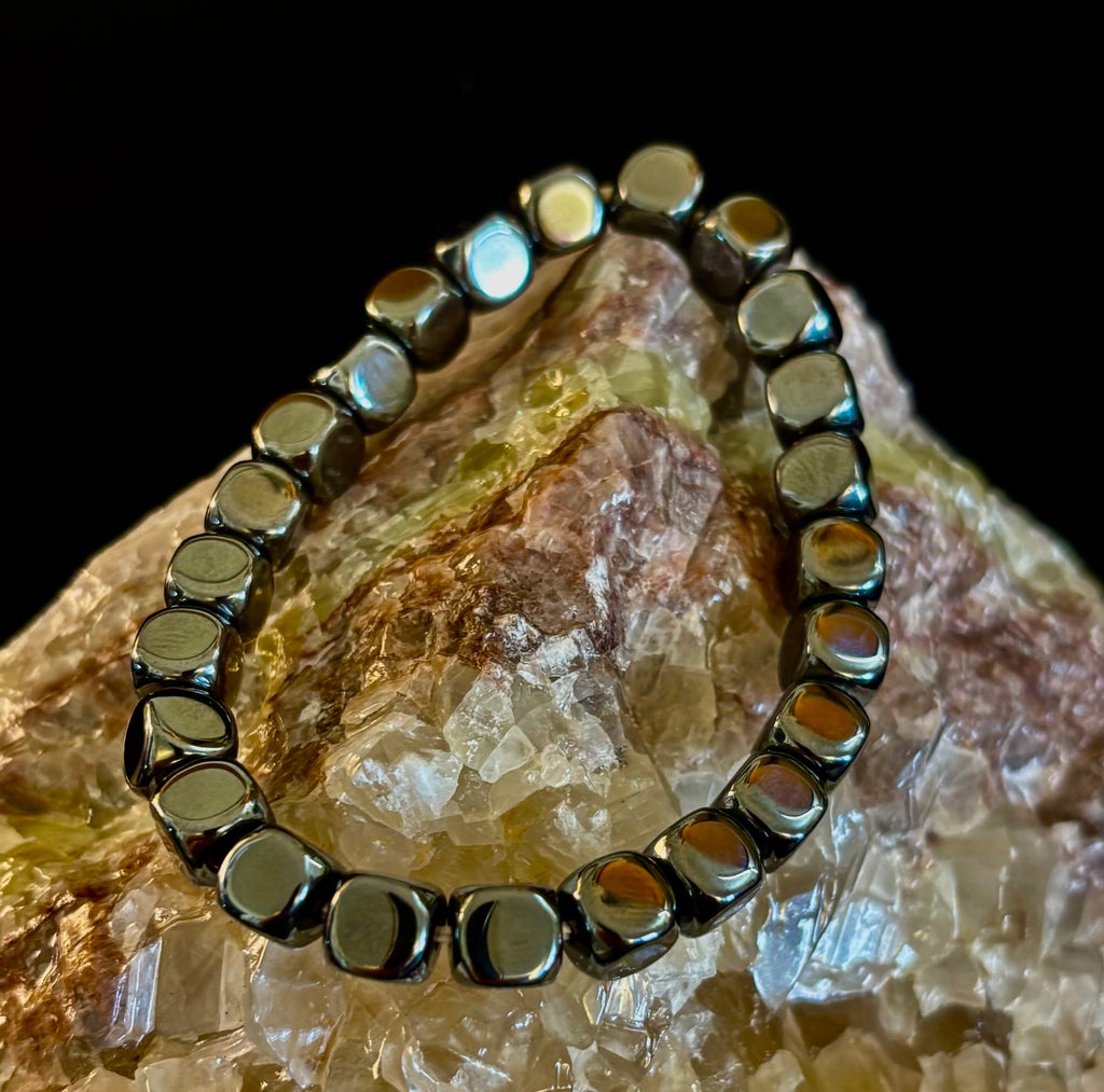 Hematite Cube Beaded Bracelet | Grounding Energy & Balance | Unisex 7.8mm Stretch Fit