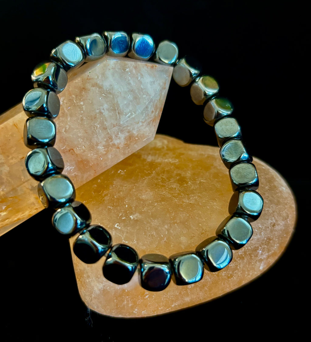 Hematite Cube Beaded Bracelet | Grounding Energy & Balance | Unisex 7.8mm Stretch Fit