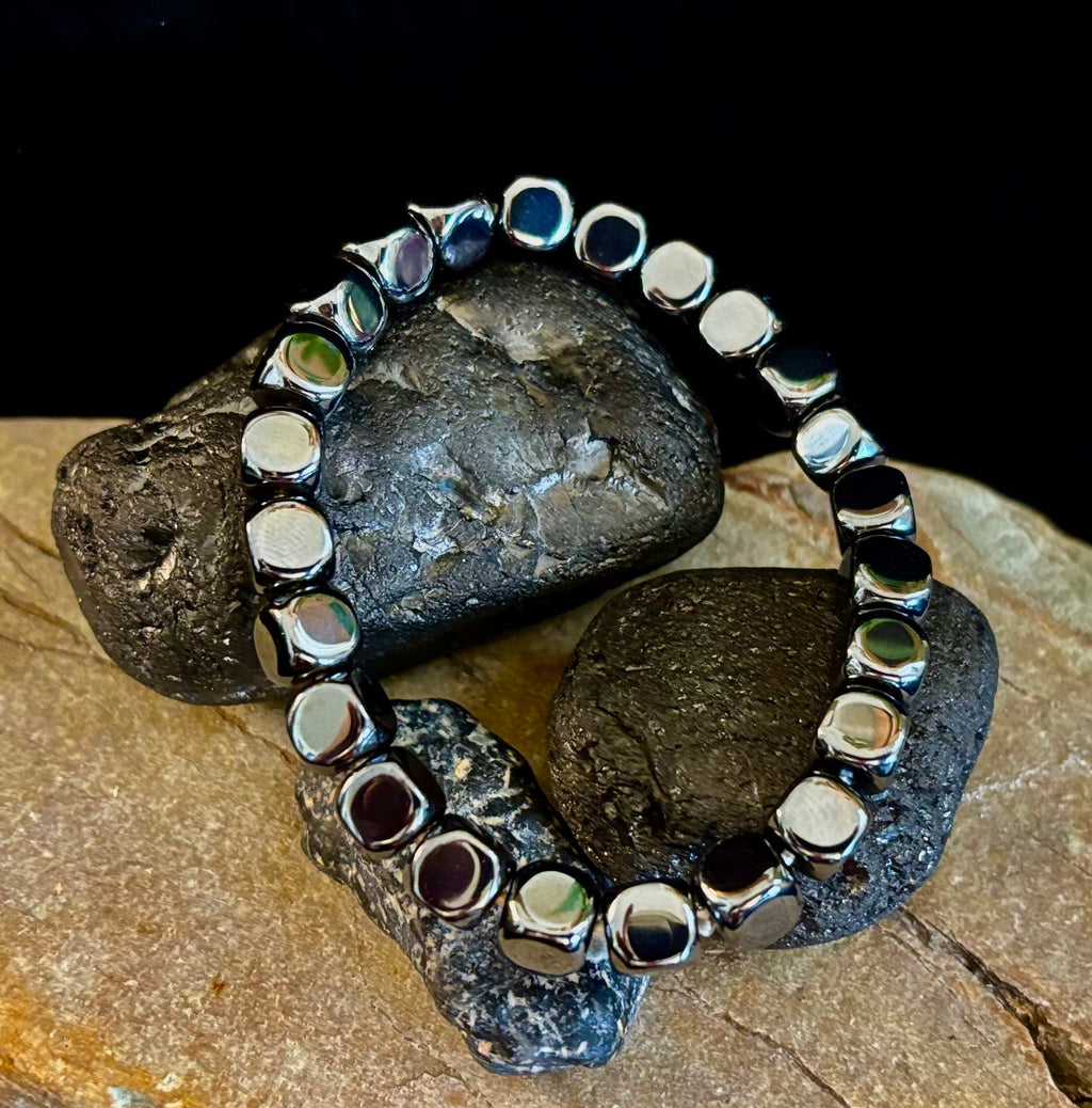 Hematite Cube Beaded Bracelet | Grounding Energy & Balance | Unisex 7.8mm Stretch Fit