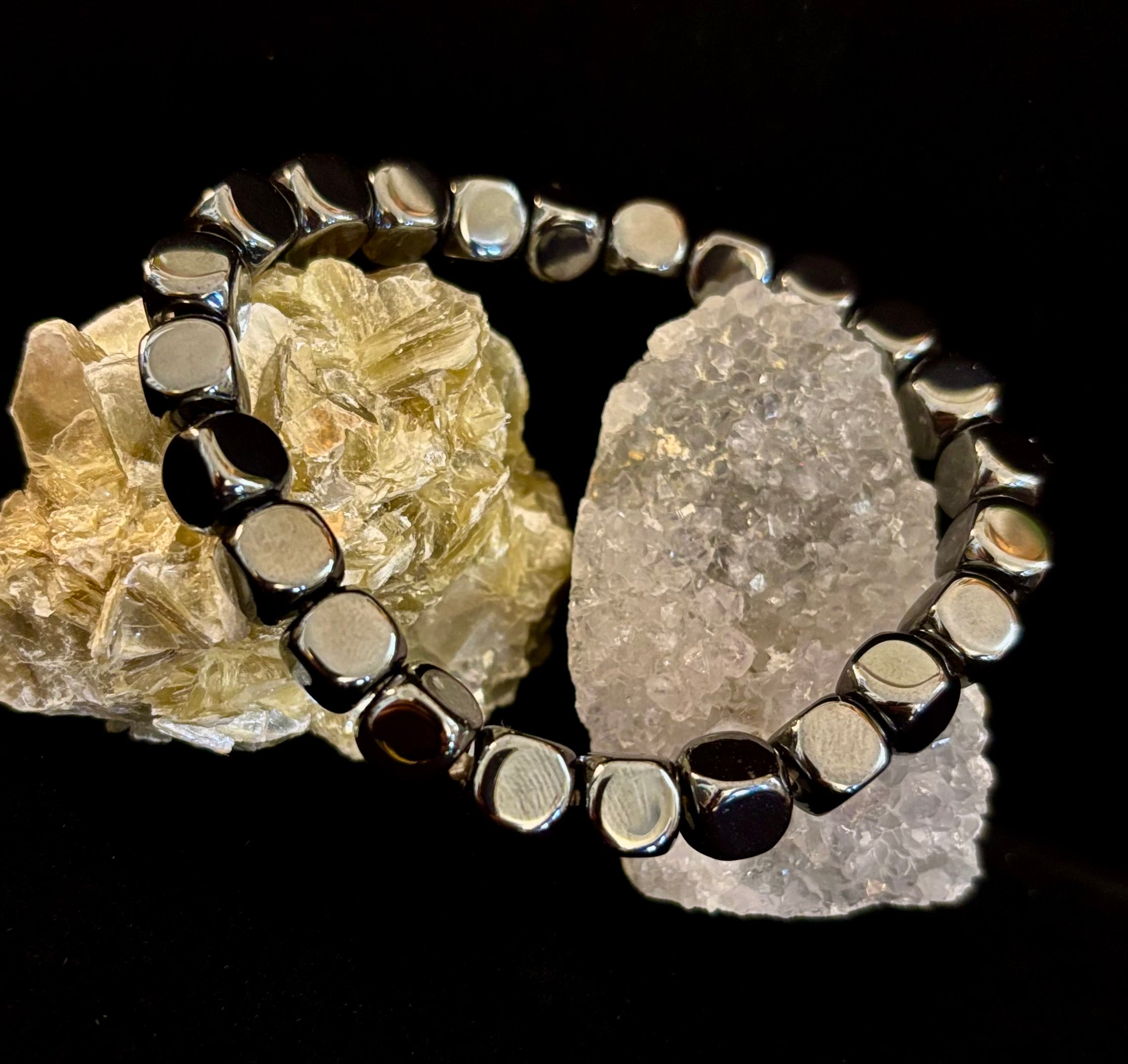 Hematite Cube Beaded Bracelet | Grounding Energy & Balance | Unisex 7.8mm Stretch Fit