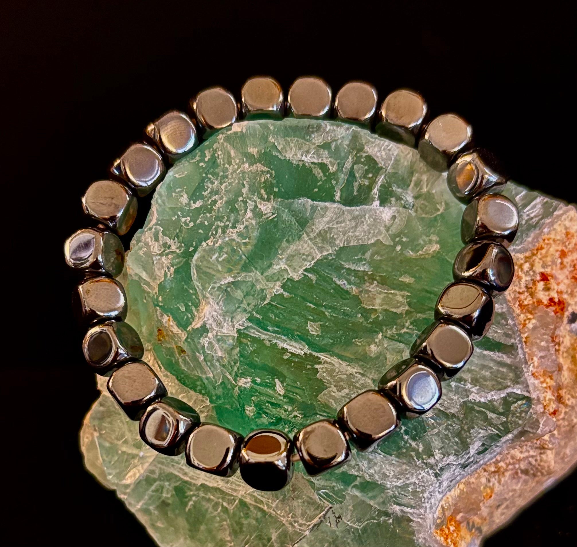 Hematite Cube Beaded Bracelet | Grounding Energy & Balance | Unisex 7.8mm Stretch Fit