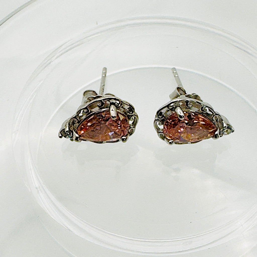 Rhodium Plated Teardrop Silver Pink CZ Stud Earrings - Hypoallergenic Luxury Jewelry
