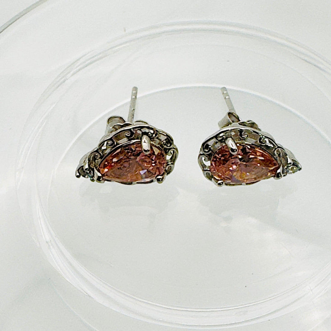 Rhodium Plated Teardrop Silver Pink CZ Stud Earrings - Hypoallergenic Luxury Jewelry