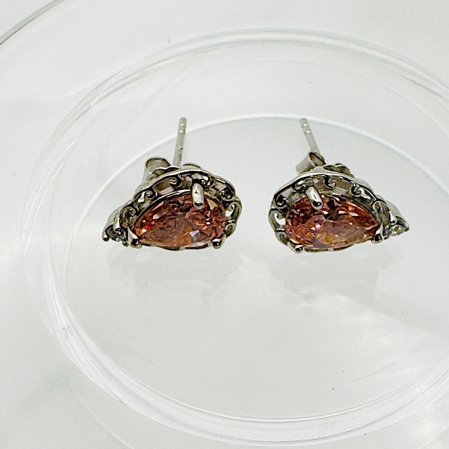Rhodium Plated Teardrop Silver Pink CZ Stud Earrings - Hypoallergenic Luxury Jewelry