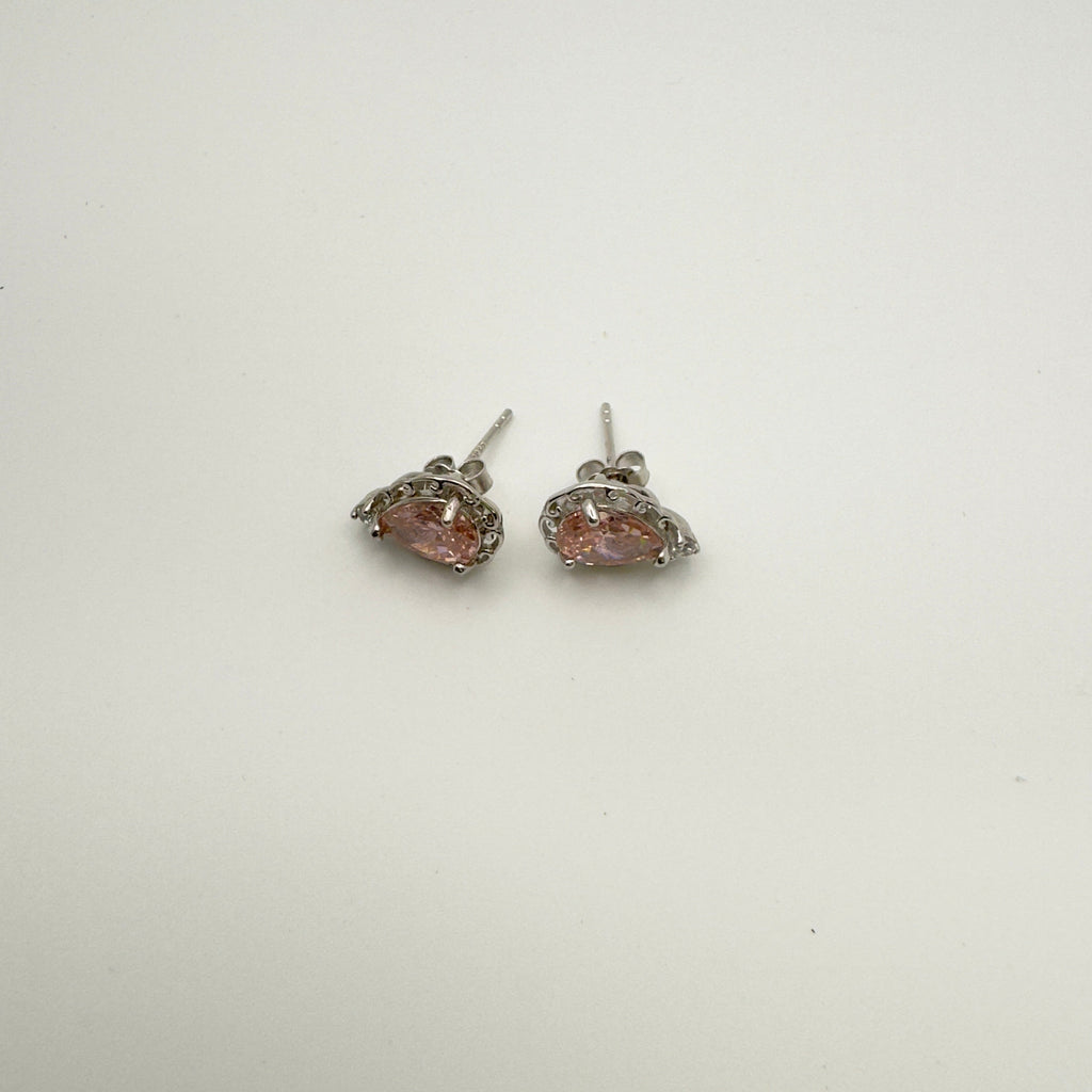 Rhodium Plated Teardrop Silver Pink CZ Stud Earrings - Hypoallergenic Luxury Jewelry