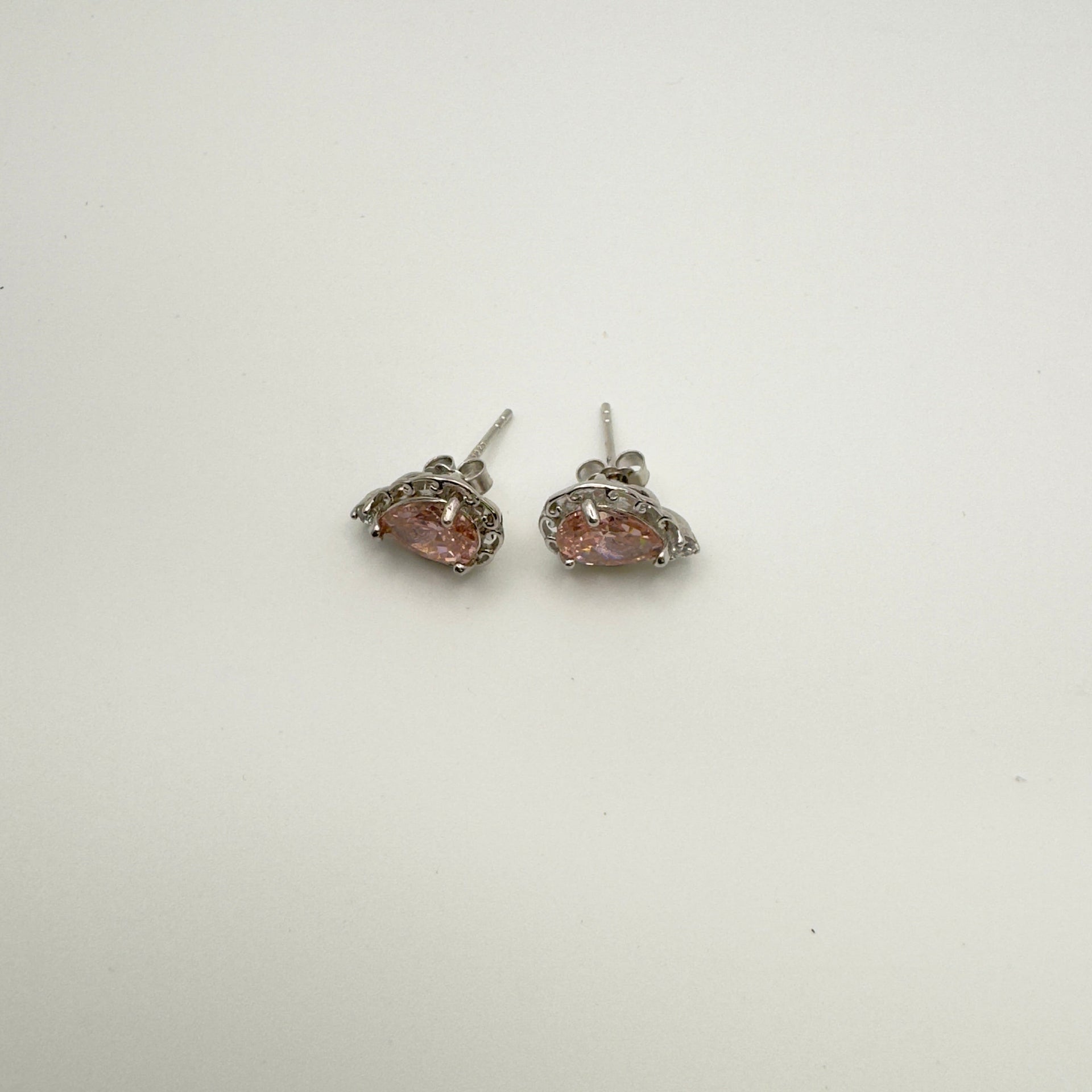 Rhodium Plated Teardrop Silver Pink CZ Stud Earrings - Hypoallergenic Luxury Jewelry