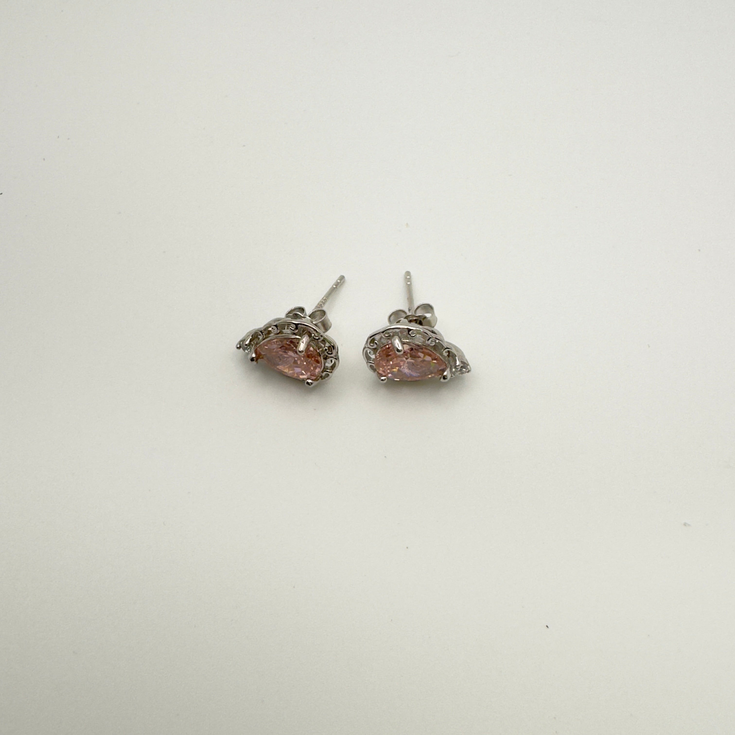 Rhodium Plated Teardrop Silver Pink CZ Stud Earrings - Hypoallergenic Luxury Jewelry