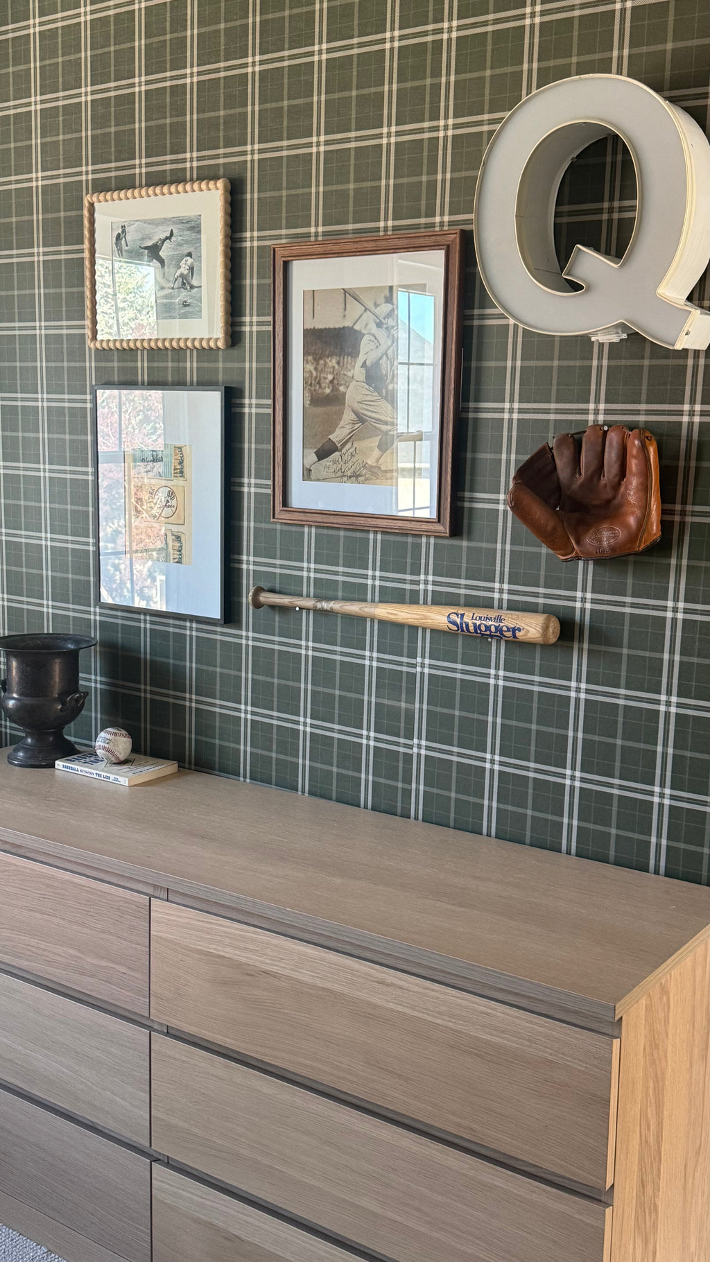 Alcott Plaid Wallpaper in Olive Green and Cream Farmhouse