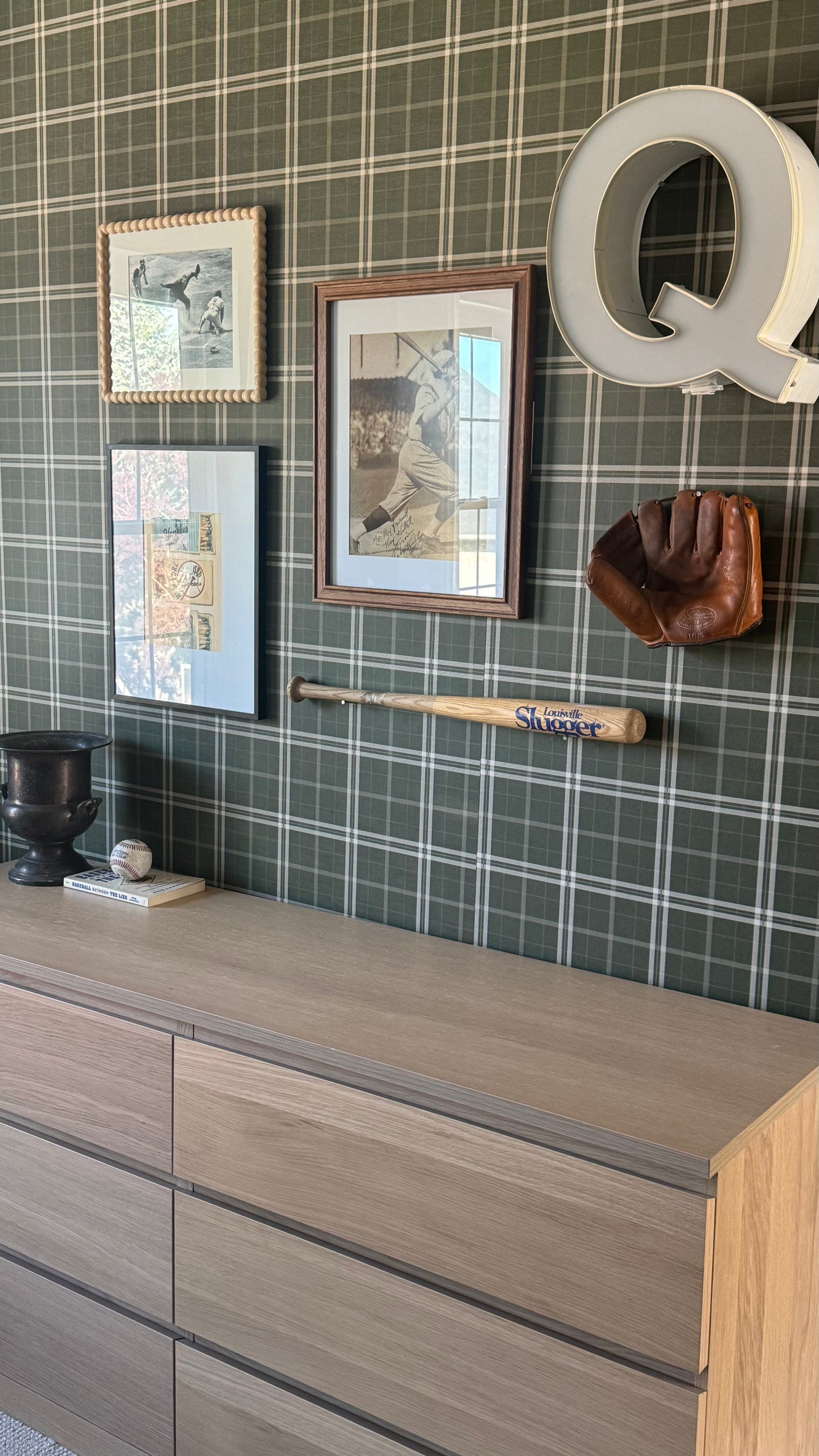 Alcott Plaid Wallpaper in Olive Green and Cream Farmhouse