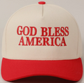 Unisex God Bless America trucker hat in two-tone beige and red with adjustable snapback closure.