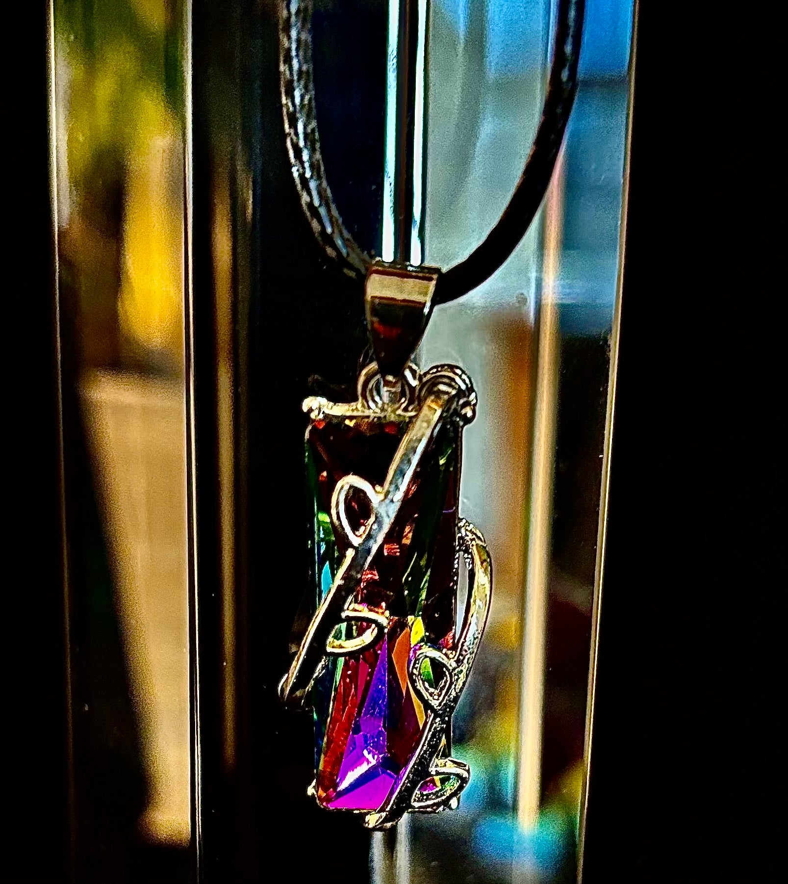 Prismatic Energy Pendant Necklace | Colorful Crystal Branch Design on Leather Cord