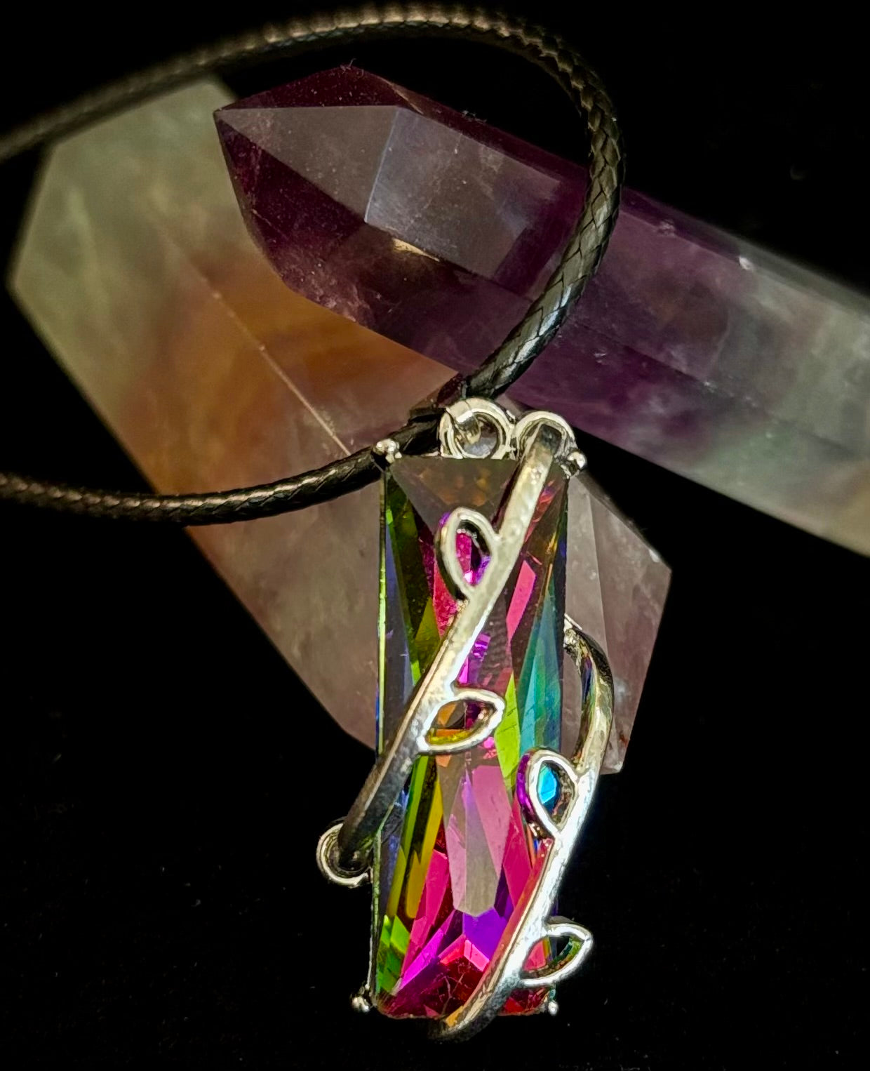 Prismatic Energy Pendant Necklace | Colorful Crystal Branch Design on Leather Cord