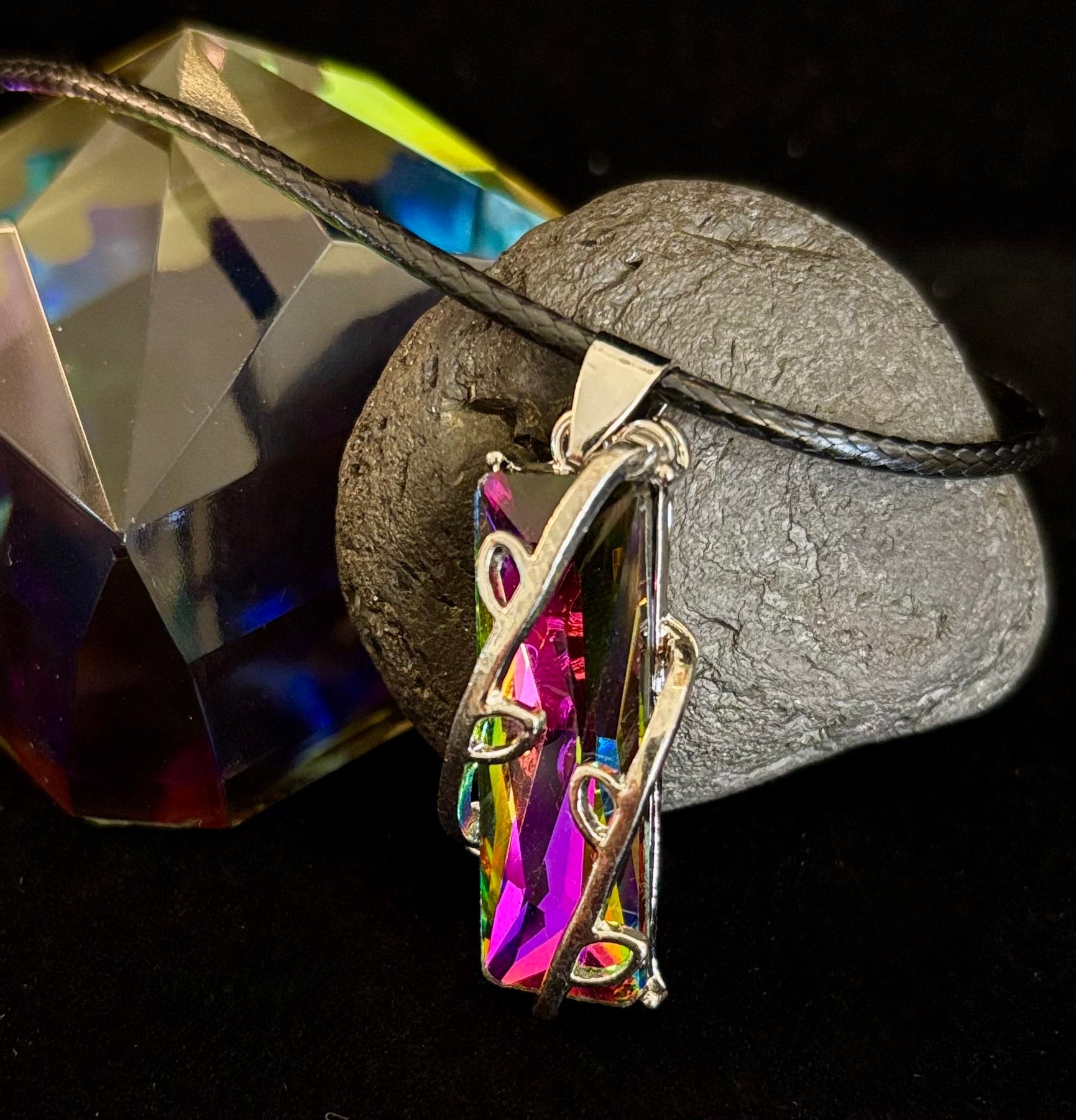 Prismatic Energy Pendant Necklace | Colorful Crystal Branch Design on Leather Cord