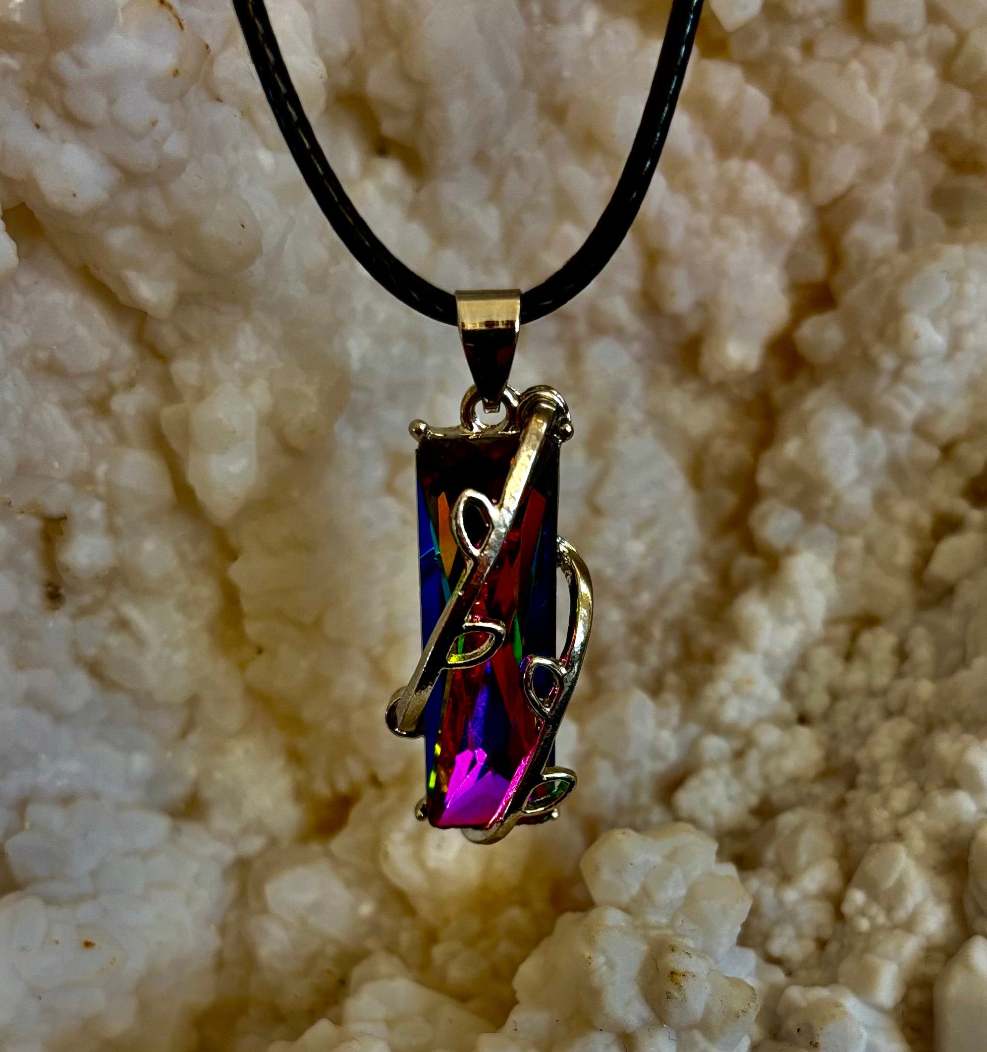 Prismatic Energy Pendant Necklace | Colorful Crystal Branch Design on Leather Cord