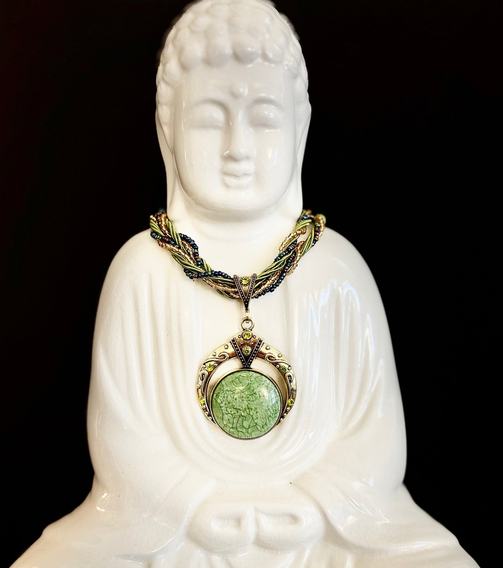 Bohemian Green Goddess Necklace | Vintage-Inspired Beaded Statement Pendant