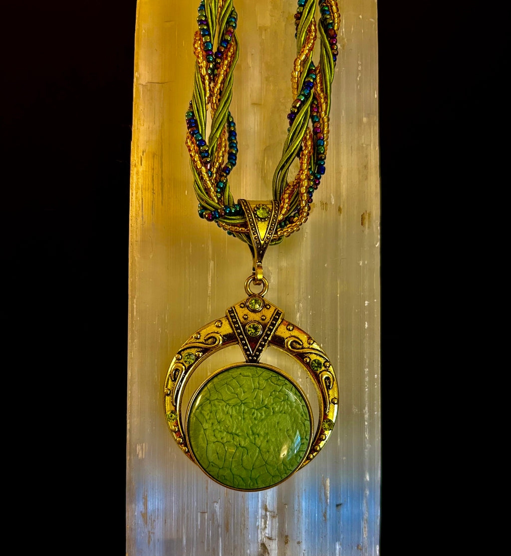 Bohemian Green Goddess Necklace | Vintage-Inspired Beaded Statement Pendant
