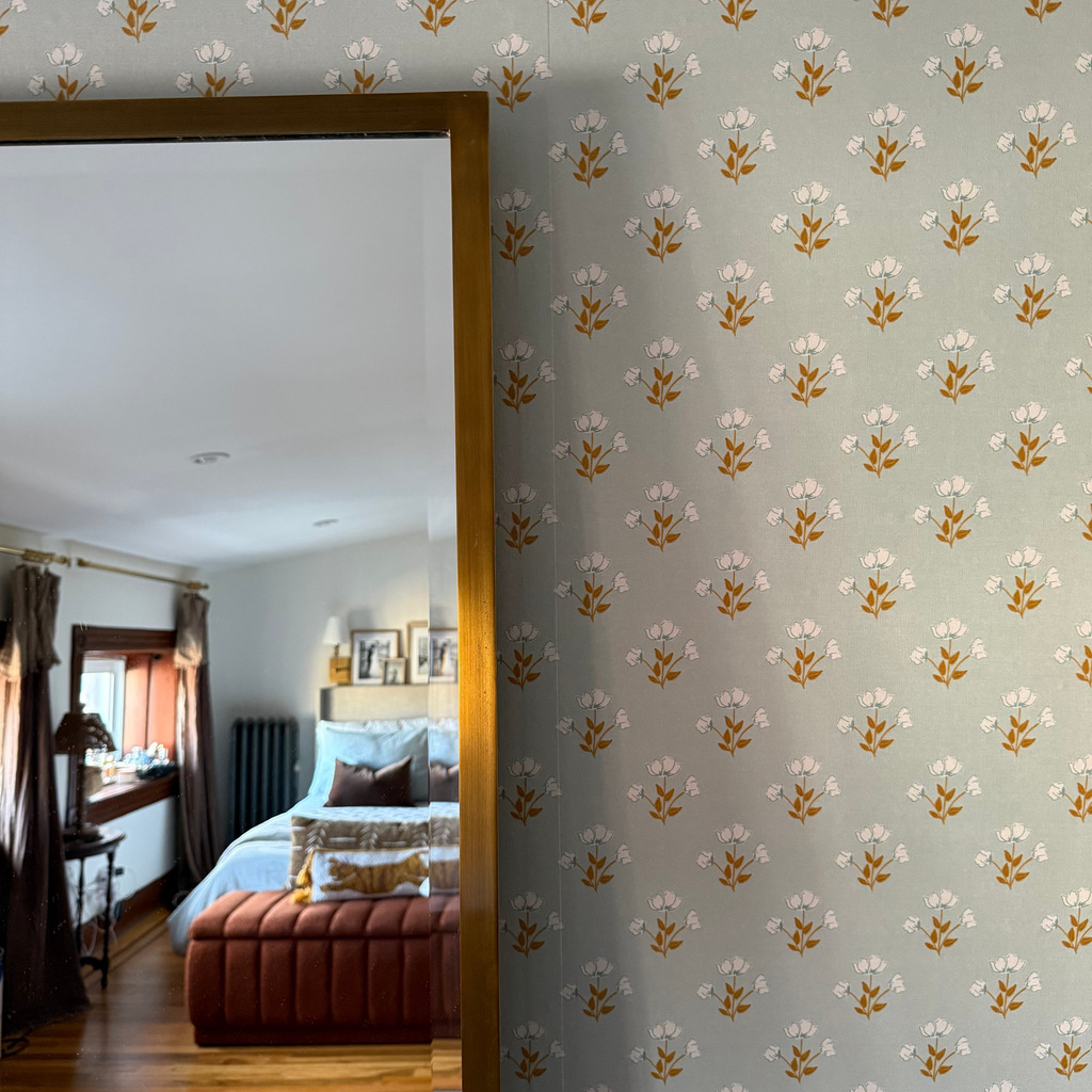 Vintage floral Alyce wallpaper in blue, white, and brown cottagecore aesthetic