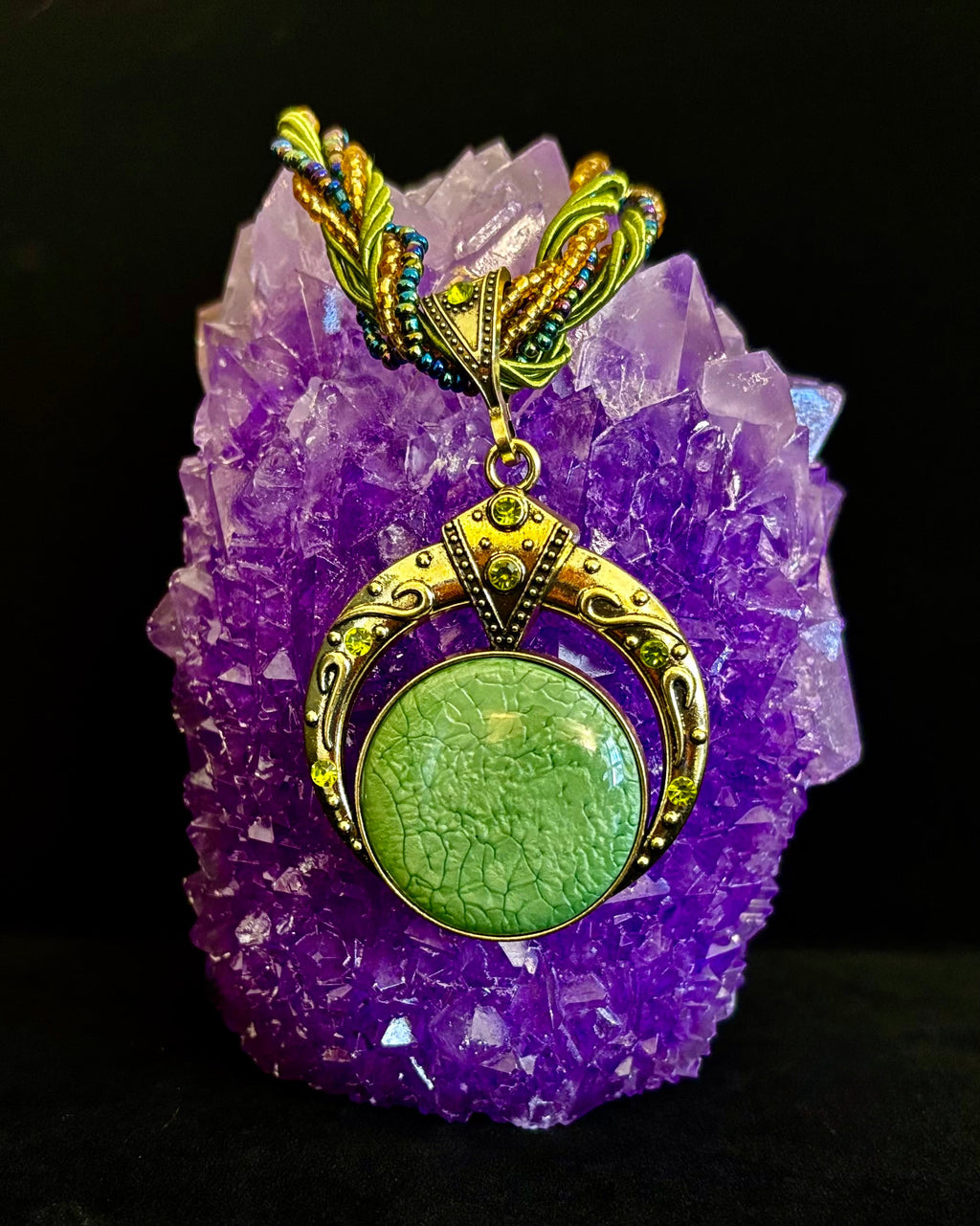 Bohemian Green Goddess Necklace | Vintage-Inspired Beaded Statement Pendant