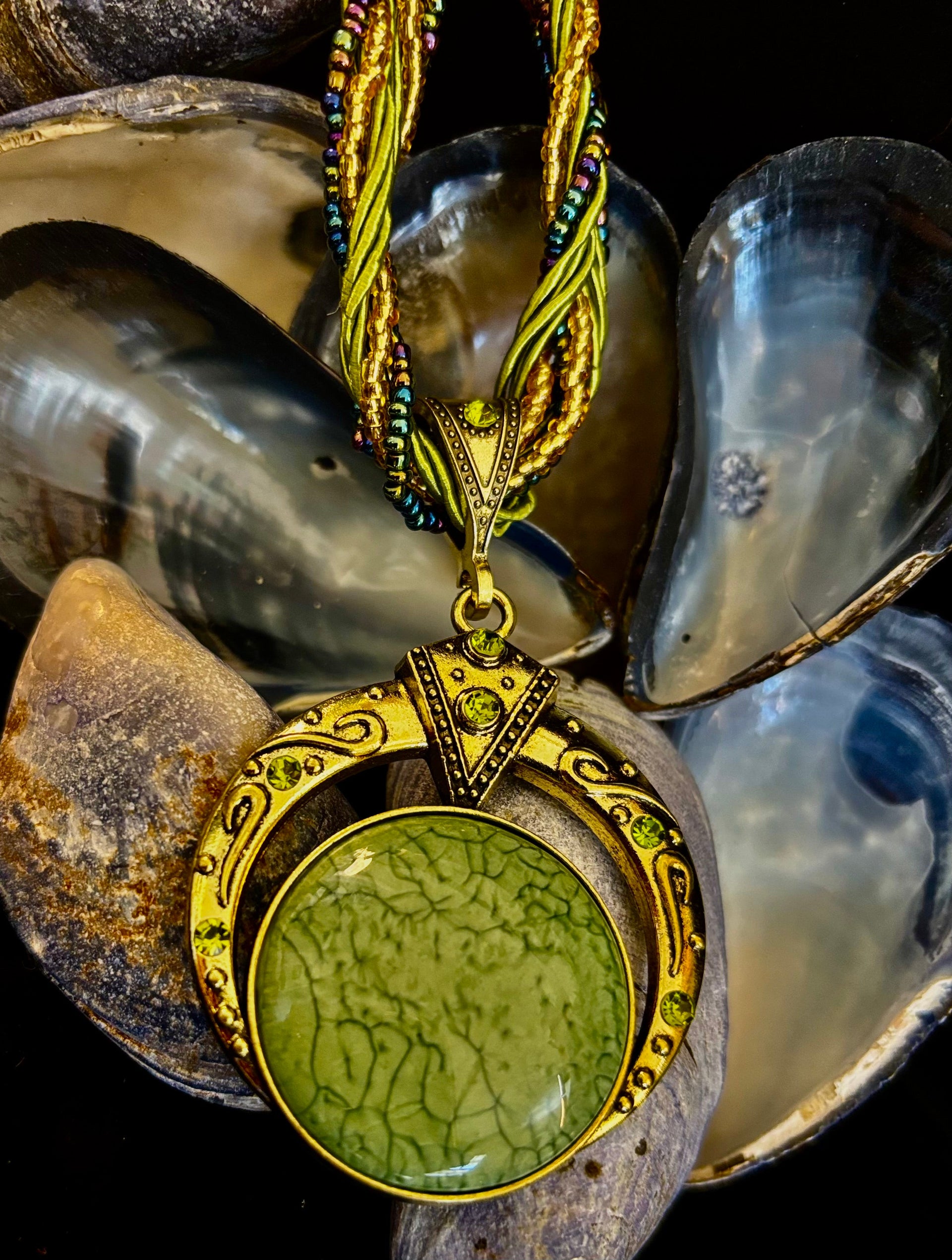 Bohemian Green Goddess Necklace | Vintage-Inspired Beaded Statement Pendant