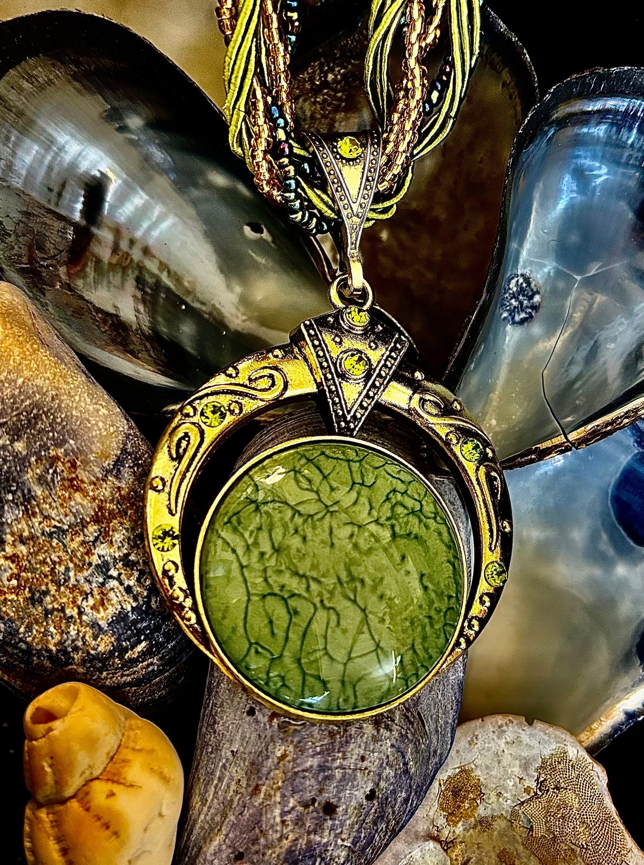 Bohemian Green Goddess Necklace | Handmade Vintage-Inspired Beaded Statement Pendant