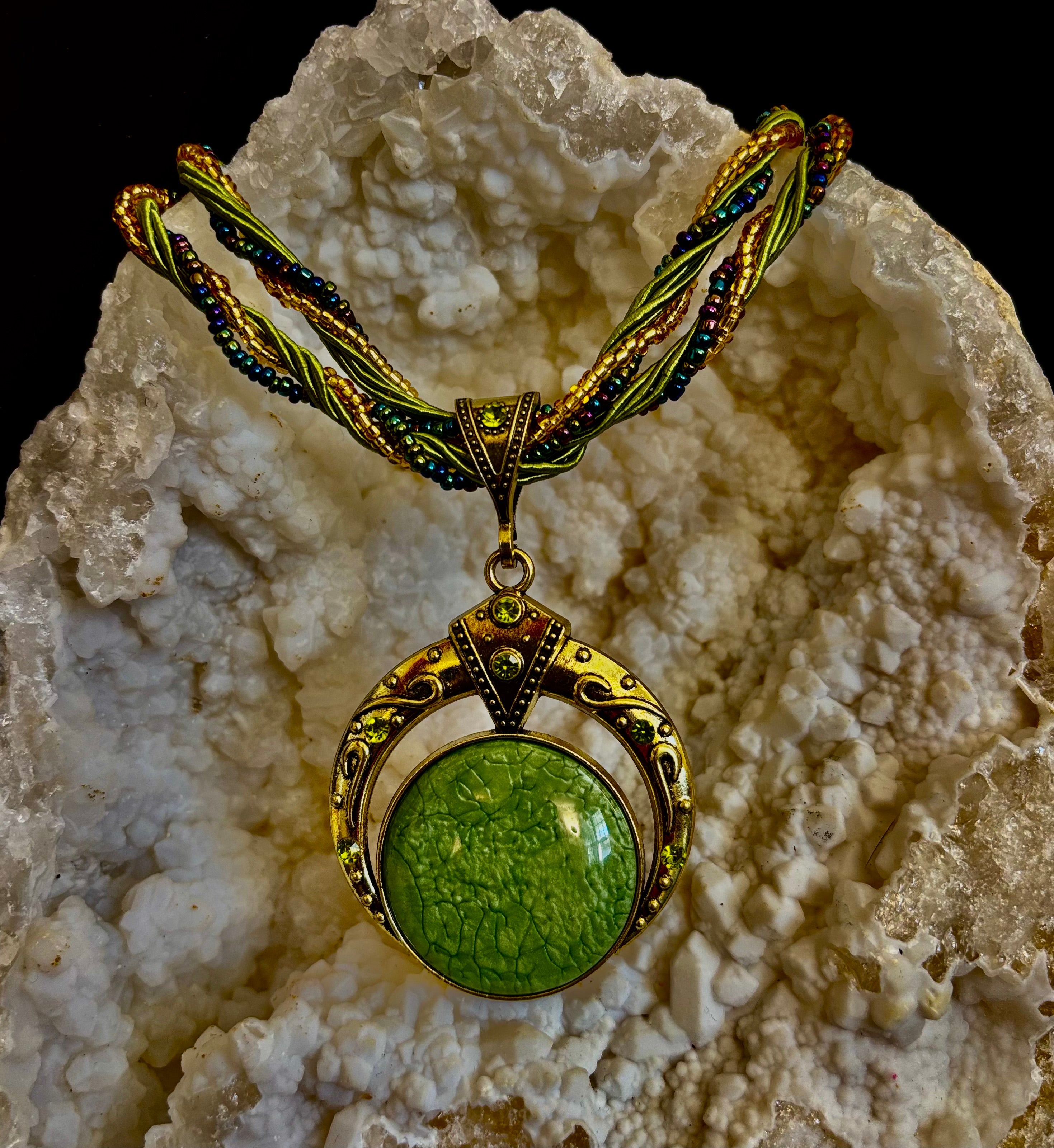 Bohemian Green Goddess Necklace | Handmade Vintage-Inspired Beaded Statement Pendant